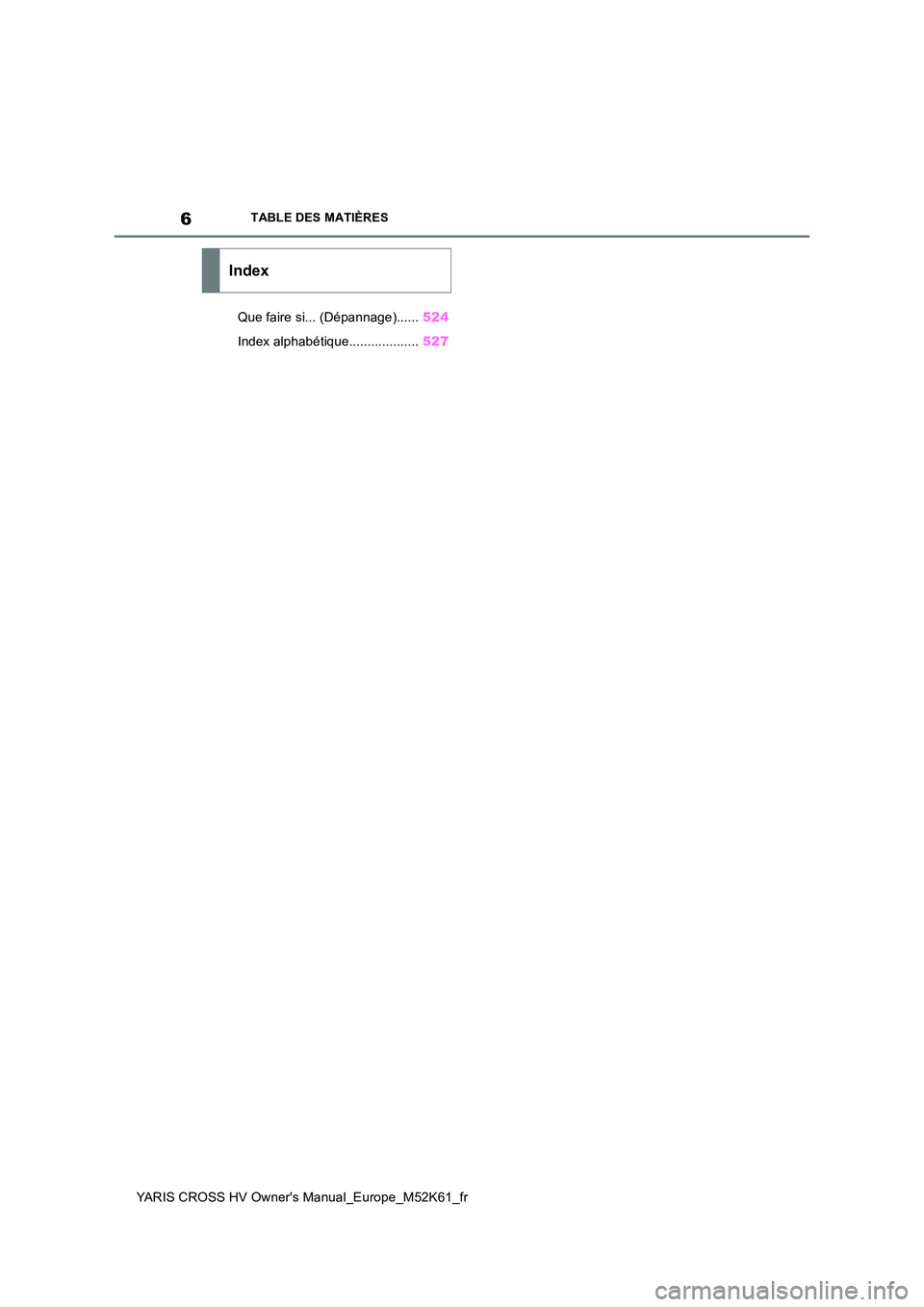 TOYOTA YARIS CROSS 2021 Notices Demploi (in French) 6
YARIS CROSS HV Owner's Manual_Europe_M52K61_fr
TABLE DES MATIÈRES
Que faire si... (Dépannage)......524
Index alphabétique................... 527
Index TOYOTA YARIS CROSS 2021 Notices Demploi (in French) 6
YARIS CROSS HV Owner's Manual_Europe_M52K61_fr
TABLE DES MATIÈRES
Que faire si... (Dépannage)......524
Index alphabétique................... 527
Index