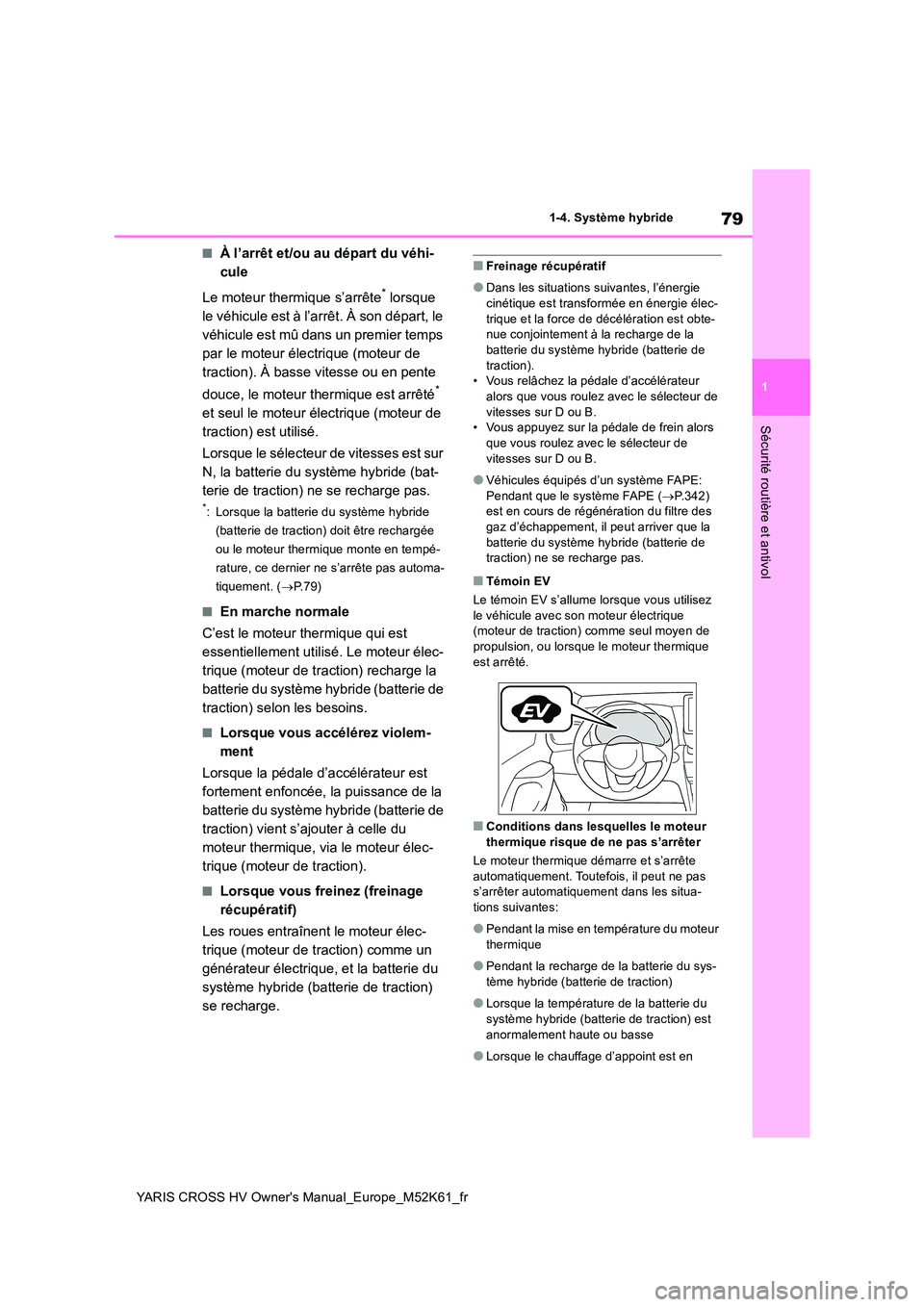 TOYOTA YARIS CROSS 2021 Notices Demploi (in French) 79
1
YARIS CROSS HV Owner's Manual_Europe_M52K61_fr
1-4. Système hybride
Sécurité routière et antivol
■À l’arrêt et/ou au départ du véhi-
cule
Le moteur thermique s’arrête* lorsqu TOYOTA YARIS CROSS 2021 Notices Demploi (in French) 79
1
YARIS CROSS HV Owner's Manual_Europe_M52K61_fr
1-4. Système hybride
Sécurité routière et antivol
■À l’arrêt et/ou au départ du véhi-
cule
Le moteur thermique s’arrête* lorsqu