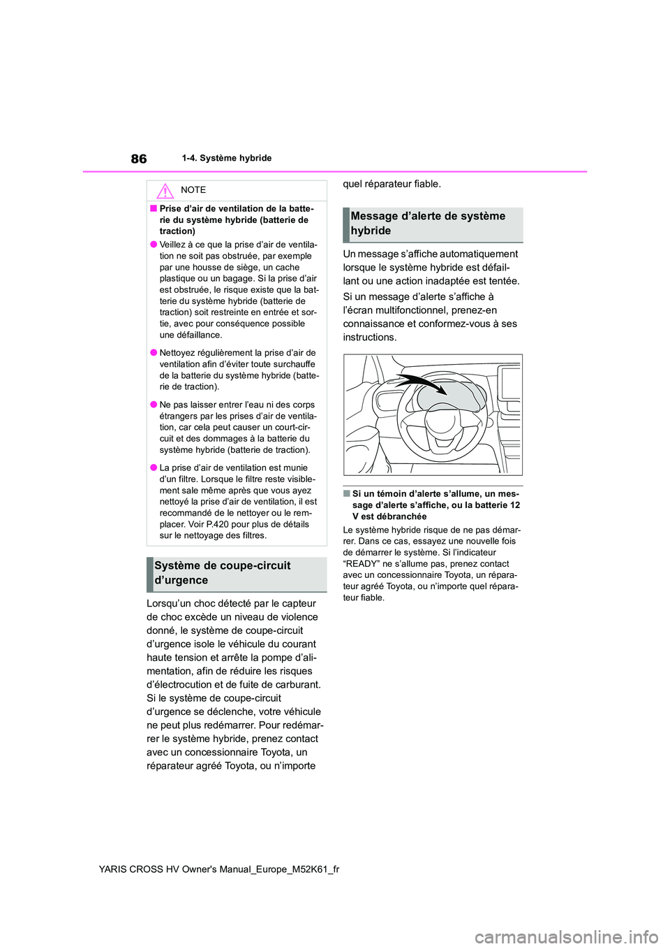 TOYOTA YARIS CROSS 2021 Notices Demploi (in French) 86
YARIS CROSS HV Owner's Manual_Europe_M52K61_fr
1-4. Système hybride
Lorsqu’un choc détecté par le capteur
de choc excède un niveau de violence
donné, le système de coupe-circuit
d TOYOTA YARIS CROSS 2021 Notices Demploi (in French) 86
YARIS CROSS HV Owner's Manual_Europe_M52K61_fr
1-4. Système hybride
Lorsqu’un choc détecté par le capteur
de choc excède un niveau de violence
donné, le système de coupe-circuit
d