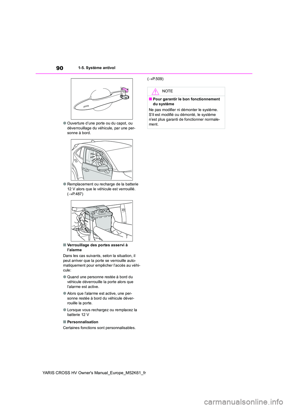 TOYOTA YARIS CROSS 2021  Notices Demploi (in French) 90
YARIS CROSS HV Owner's Manual_Europe_M52K61_fr
1-5. Système antivol
●Ouverture d’une porte ou du capot, ou  déverrouillage du véhicule, par une per-sonne à bord.
●Remplacement ou rech