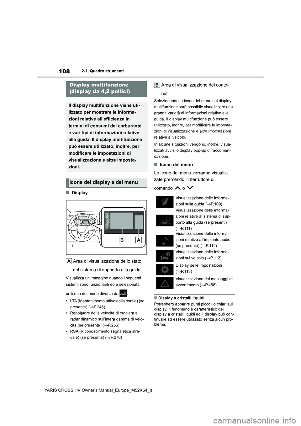 TOYOTA YARIS CROSS 2021  Manuale duso (in Italian) 108
YARIS CROSS HV Owner's Manual_Europe_M52K64_it
2-1. Quadro strumenti
■Display 
Area di visualizzazione dello stato  
del sistema di supporto alla guida
Visualizza un’immagine quando i segu