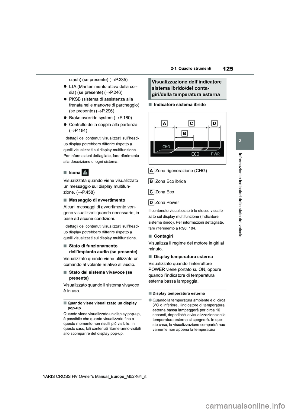 TOYOTA YARIS CROSS 2021  Manuale duso (in Italian) 125
2
YARIS CROSS HV Owner's Manual_Europe_M52K64_it
2-1. Quadro strumenti
Informazioni e indicatori dello stato del veicolo
crash) (se presente) (P.235) 
 LTA (Mantenimento attivo della cor