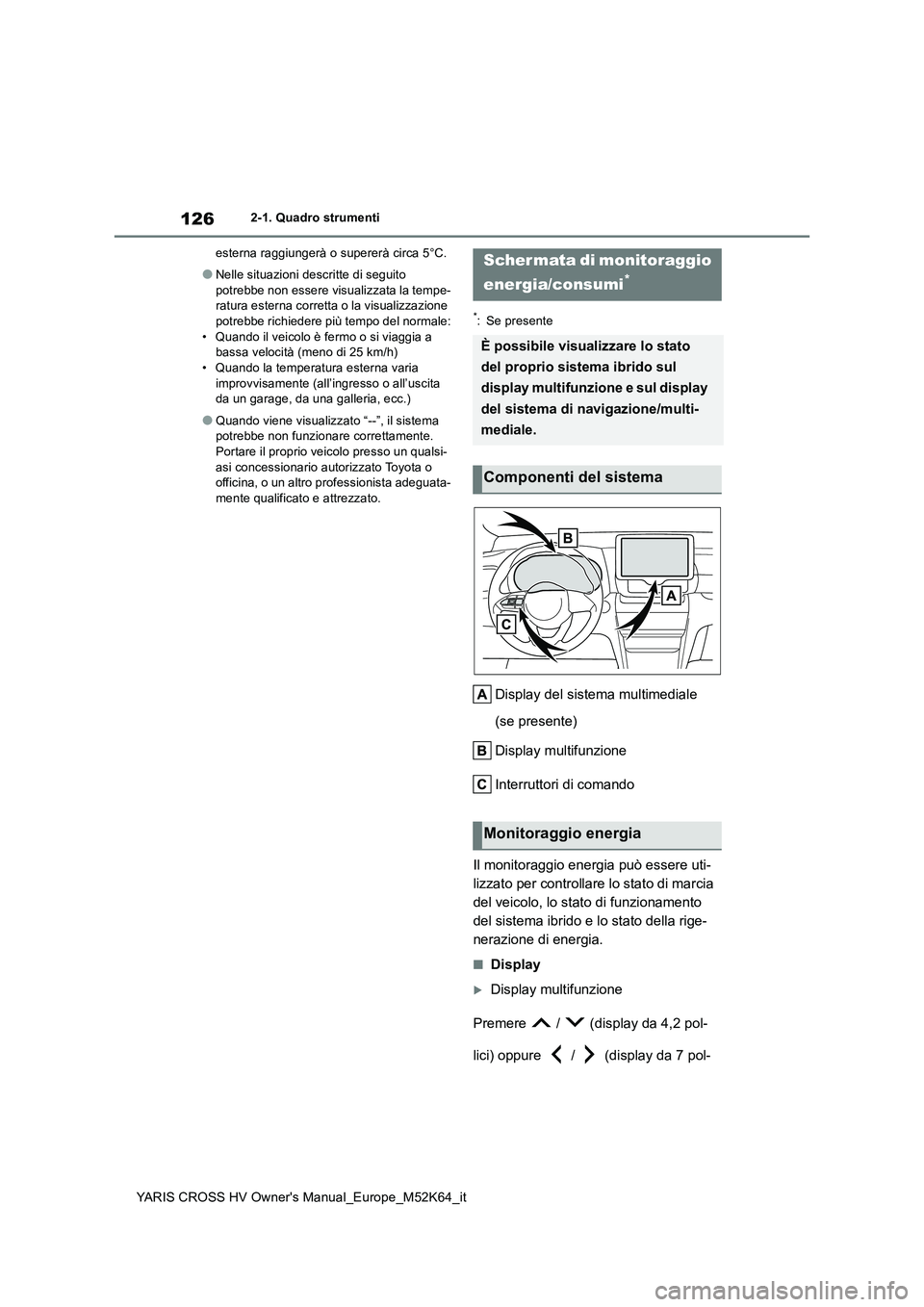 TOYOTA YARIS CROSS 2021  Manuale duso (in Italian) 126
YARIS CROSS HV Owner's Manual_Europe_M52K64_it
2-1. Quadro strumenti 
esterna raggiungerà o  supererà circa 5°C.
●Nelle situazioni descritte di seguito  
potrebbe non essere visualizzata 