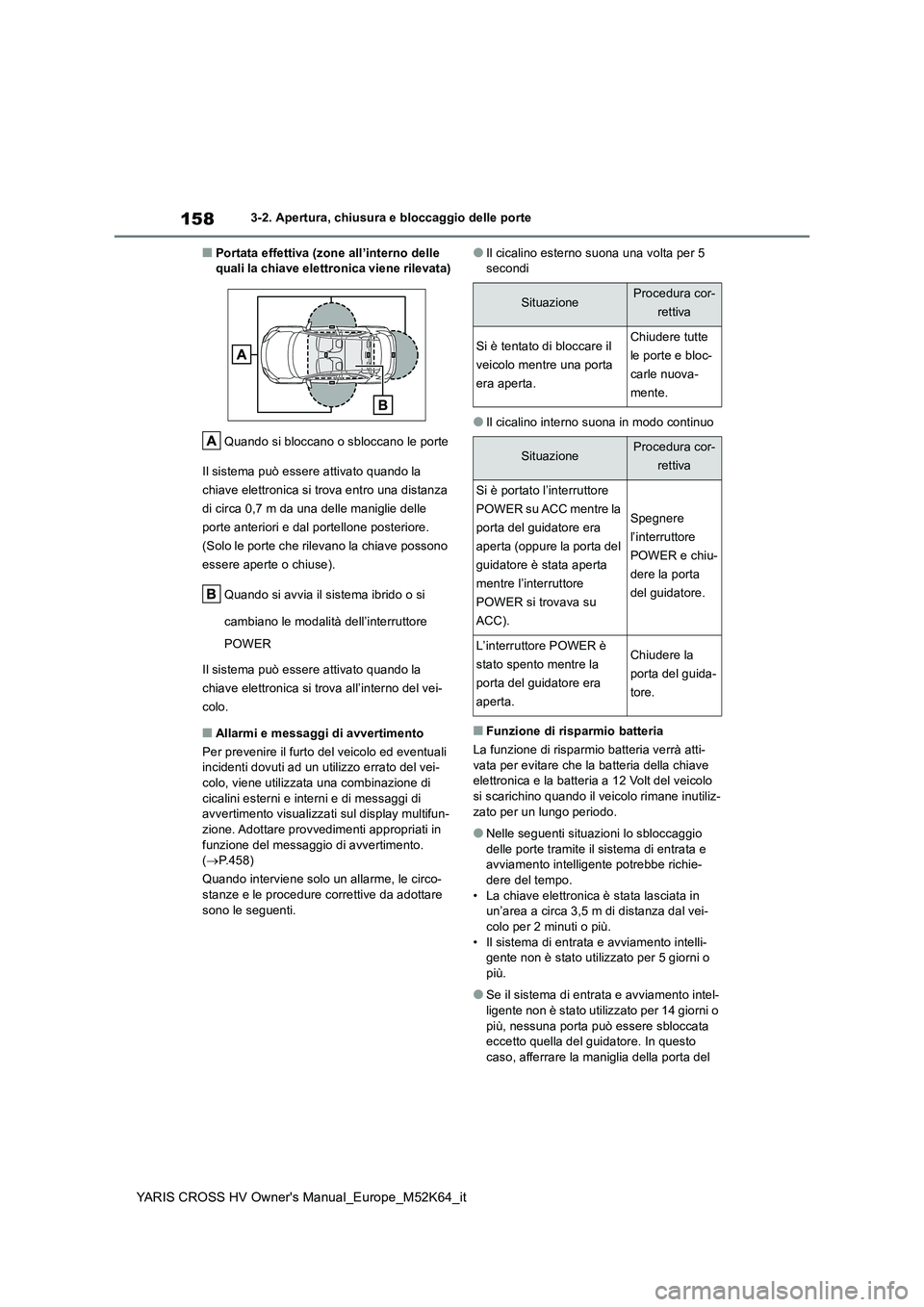 TOYOTA YARIS CROSS 2021 Manuale duso (in Italian) 158
YARIS CROSS HV Owner's Manual_Europe_M52K64_it
3-2. Apertura, chiusura e bloccaggio delle porte
■Portata effettiva (zone all’interno delle quali la chiave elettronica viene rilevata)
Qua TOYOTA YARIS CROSS 2021 Manuale duso (in Italian) 158
YARIS CROSS HV Owner's Manual_Europe_M52K64_it
3-2. Apertura, chiusura e bloccaggio delle porte
■Portata effettiva (zone all’interno delle quali la chiave elettronica viene rilevata)
Qua