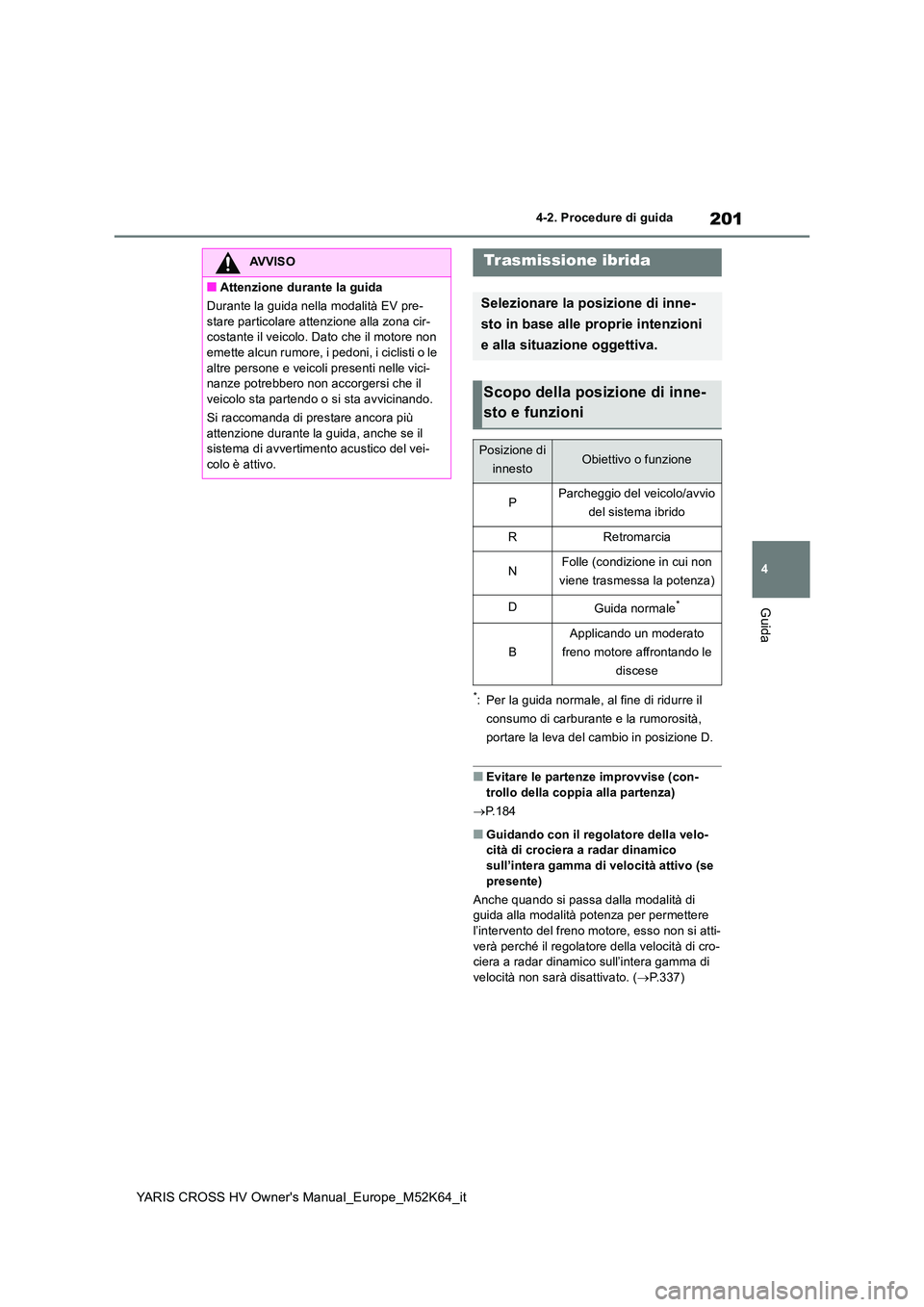 TOYOTA YARIS CROSS 2021 Manuale duso (in Italian) 201
4
YARIS CROSS HV Owner's Manual_Europe_M52K64_it
4-2. Procedure di guida
Guida
*: Per la guida normale, al fine di ridurre il
consumo di carburante e la rumorosità,
portare la leva del cam TOYOTA YARIS CROSS 2021 Manuale duso (in Italian) 201
4
YARIS CROSS HV Owner's Manual_Europe_M52K64_it
4-2. Procedure di guida
Guida
*: Per la guida normale, al fine di ridurre il
consumo di carburante e la rumorosità,
portare la leva del cam