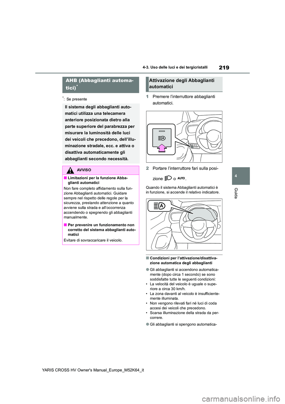 TOYOTA YARIS CROSS 2021 Manuale duso (in Italian) 219
4
YARIS CROSS HV Owner's Manual_Europe_M52K64_it
4-3. Uso delle luci e dei tergicristalli
Guida
*: Se presente1Premere l’interruttore abbaglianti
automatici.
2 Portare l’interruttore fa TOYOTA YARIS CROSS 2021 Manuale duso (in Italian) 219
4
YARIS CROSS HV Owner's Manual_Europe_M52K64_it
4-3. Uso delle luci e dei tergicristalli
Guida
*: Se presente1Premere l’interruttore abbaglianti
automatici.
2 Portare l’interruttore fa