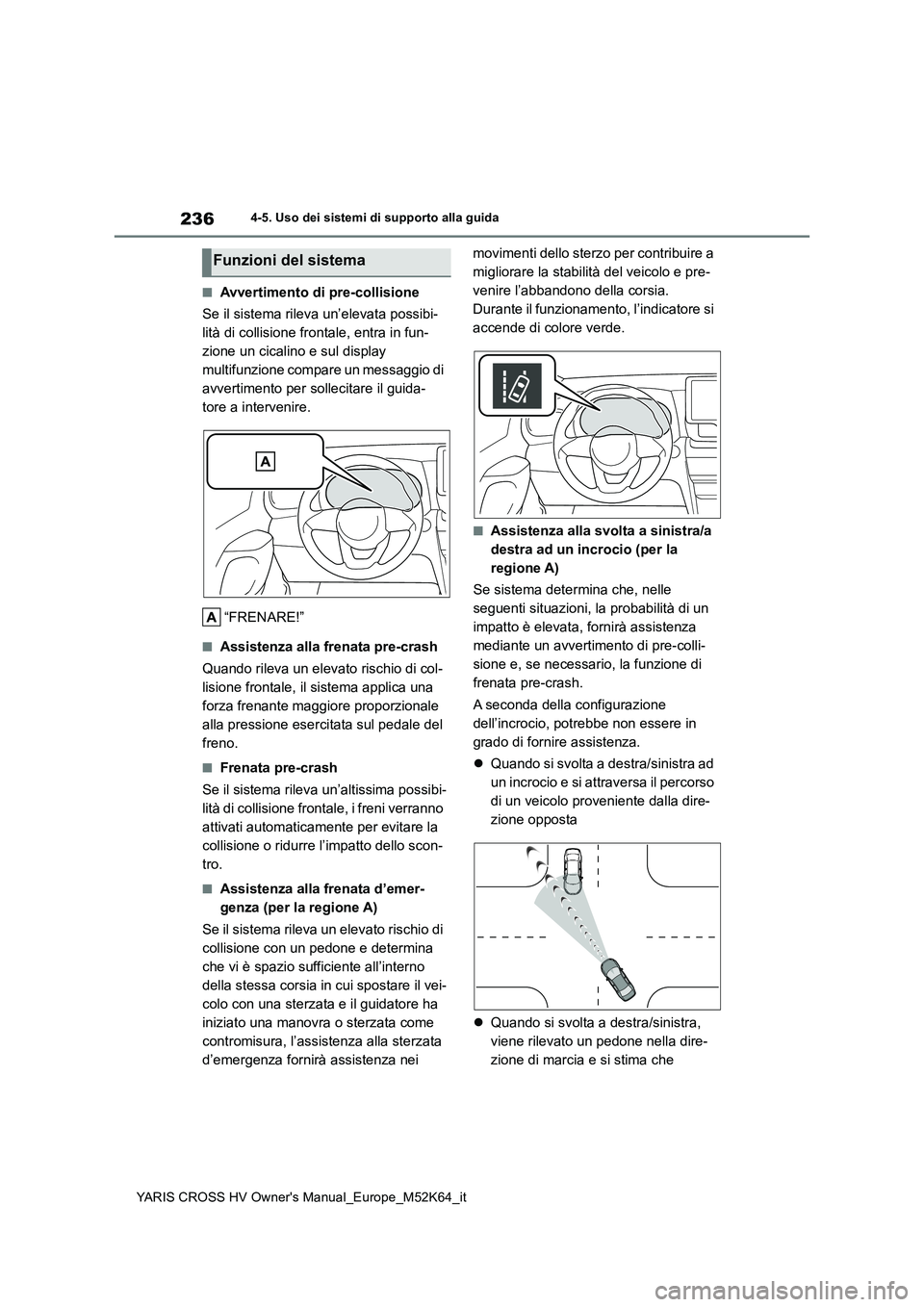 TOYOTA YARIS CROSS 2021 Manuale duso (in Italian) 236
YARIS CROSS HV Owner's Manual_Europe_M52K64_it
4-5. Uso dei sistemi di supporto alla guida
■Avvertimento di pre-collisione
Se il sistema rileva un’elevata possibi-
lità di collisione fr TOYOTA YARIS CROSS 2021 Manuale duso (in Italian) 236
YARIS CROSS HV Owner's Manual_Europe_M52K64_it
4-5. Uso dei sistemi di supporto alla guida
■Avvertimento di pre-collisione
Se il sistema rileva un’elevata possibi-
lità di collisione fr