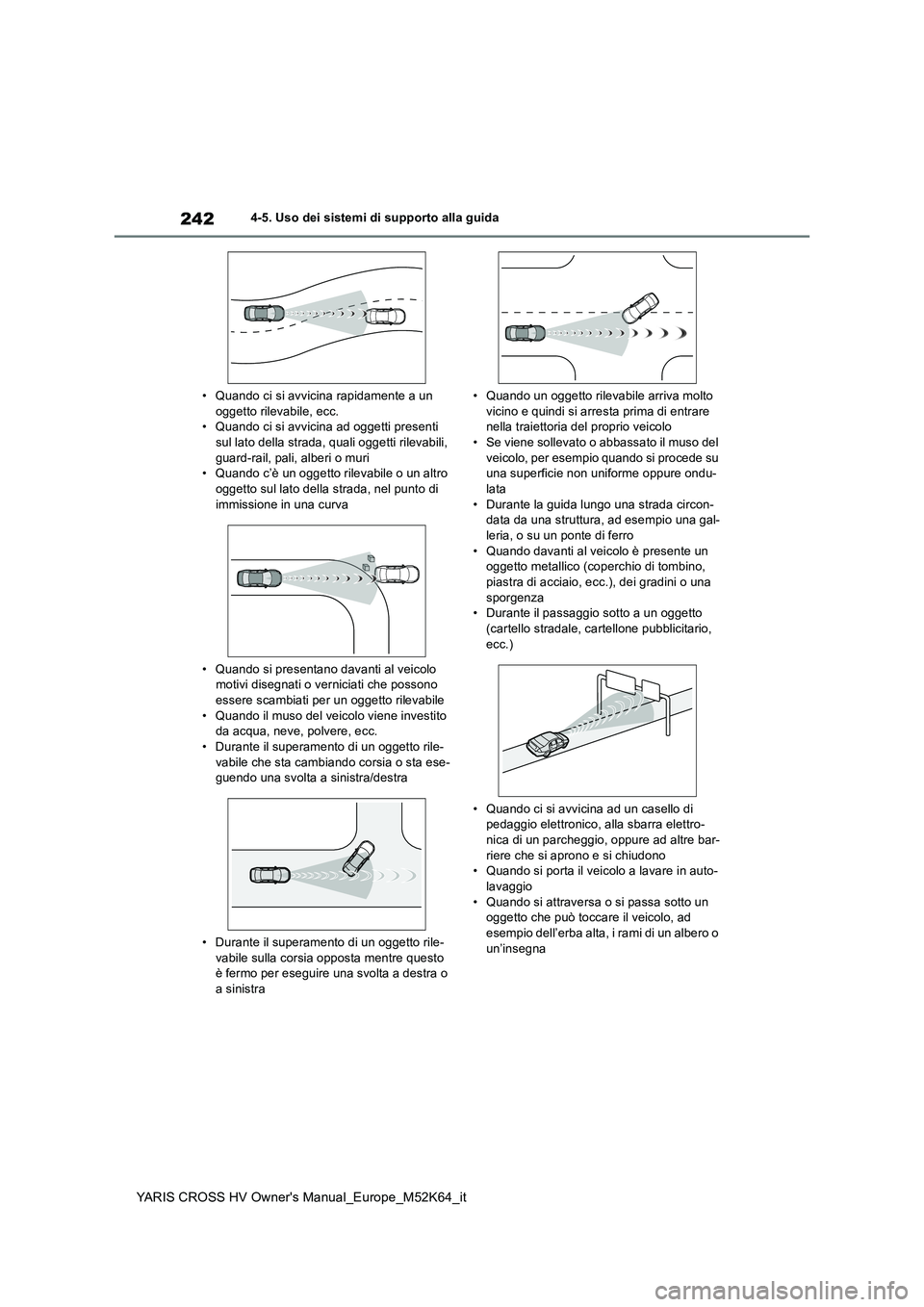 TOYOTA YARIS CROSS 2021 Manuale duso (in Italian) 242
YARIS CROSS HV Owner's Manual_Europe_M52K64_it
4-5. Uso dei sistemi di supporto alla guida
• Quando ci si avvicina rapidamente a un oggetto rilevabile, ecc.• Quando ci si avvicina ad ogg TOYOTA YARIS CROSS 2021 Manuale duso (in Italian) 242
YARIS CROSS HV Owner's Manual_Europe_M52K64_it
4-5. Uso dei sistemi di supporto alla guida
• Quando ci si avvicina rapidamente a un oggetto rilevabile, ecc.• Quando ci si avvicina ad ogg