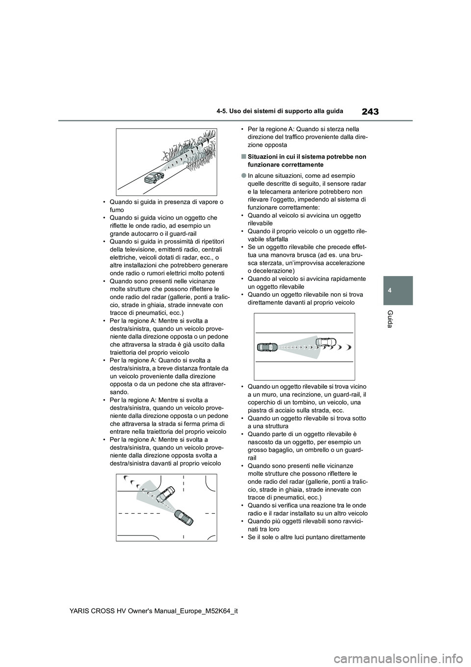 TOYOTA YARIS CROSS 2021 Manuale duso (in Italian) 243
4
YARIS CROSS HV Owner's Manual_Europe_M52K64_it
4-5. Uso dei sistemi di supporto alla guida
Guida
• Quando si guida in presenza di vapore o fumo• Quando si guida vicino un oggetto che
TOYOTA YARIS CROSS 2021 Manuale duso (in Italian) 243
4
YARIS CROSS HV Owner's Manual_Europe_M52K64_it
4-5. Uso dei sistemi di supporto alla guida
Guida
• Quando si guida in presenza di vapore o fumo• Quando si guida vicino un oggetto che