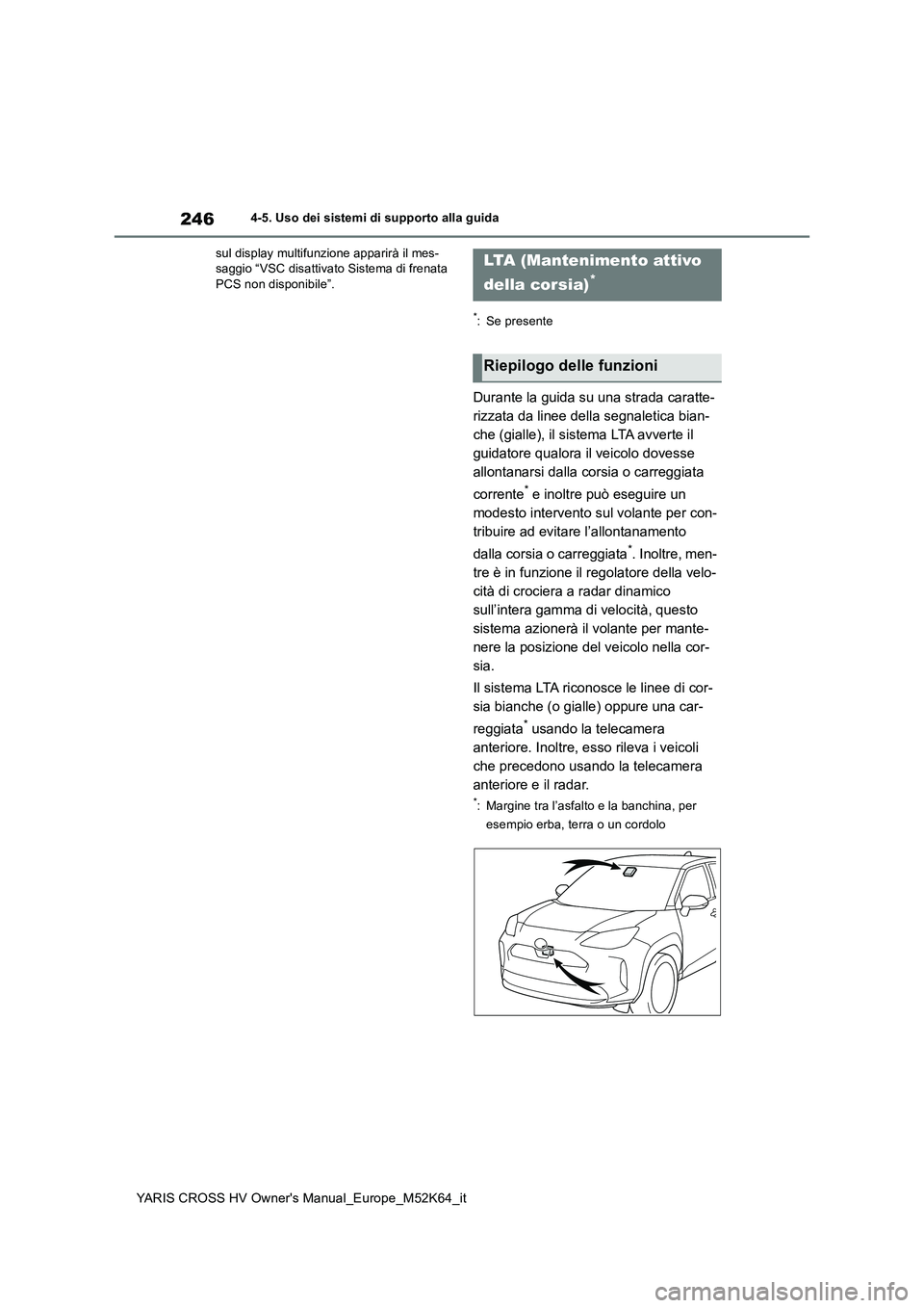 TOYOTA YARIS CROSS 2021 Manuale duso (in Italian) 246
YARIS CROSS HV Owner's Manual_Europe_M52K64_it
4-5. Uso dei sistemi di supporto alla guida
sul display multifunzione apparirà il mes- saggio “VSC disattivato Sistema di frenata PCS non dis TOYOTA YARIS CROSS 2021 Manuale duso (in Italian) 246
YARIS CROSS HV Owner's Manual_Europe_M52K64_it
4-5. Uso dei sistemi di supporto alla guida
sul display multifunzione apparirà il mes- saggio “VSC disattivato Sistema di frenata PCS non dis