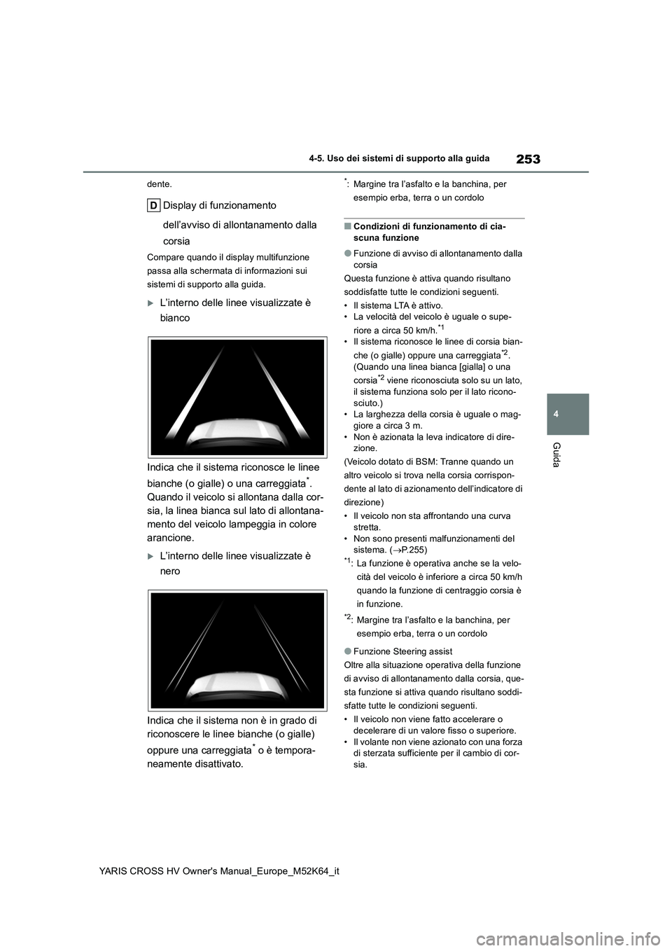 TOYOTA YARIS CROSS 2021 Manuale duso (in Italian) 253
4
YARIS CROSS HV Owner's Manual_Europe_M52K64_it
4-5. Uso dei sistemi di supporto alla guida
Guida
dente.
Display di funzionamento
dell’avviso di allontanamento dalla
corsia
Compare quan TOYOTA YARIS CROSS 2021 Manuale duso (in Italian) 253
4
YARIS CROSS HV Owner's Manual_Europe_M52K64_it
4-5. Uso dei sistemi di supporto alla guida
Guida
dente.
Display di funzionamento
dell’avviso di allontanamento dalla
corsia
Compare quan