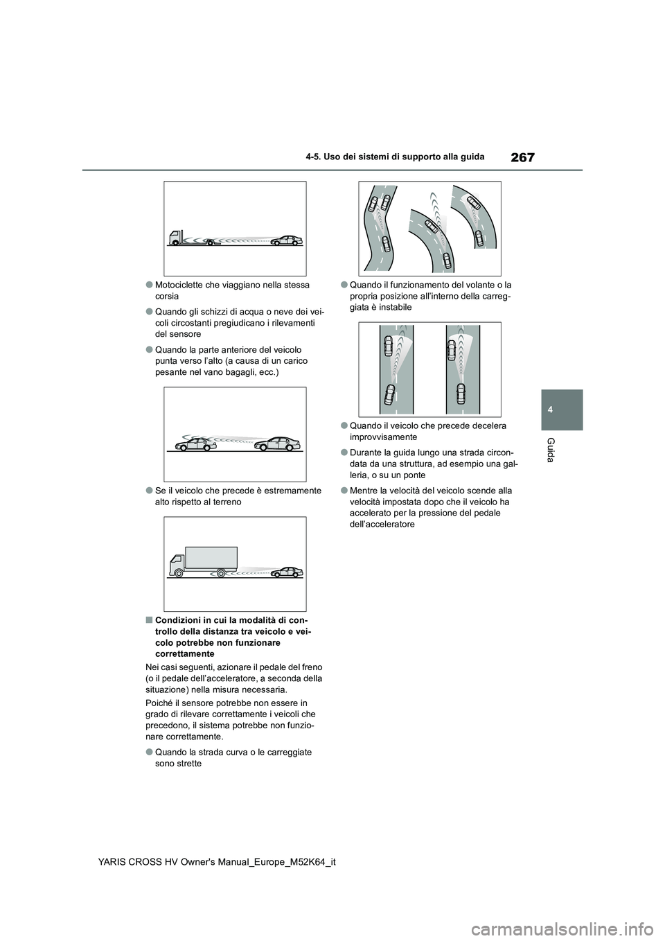 TOYOTA YARIS CROSS 2021 Manuale duso (in Italian) 267
4
YARIS CROSS HV Owner's Manual_Europe_M52K64_it
4-5. Uso dei sistemi di supporto alla guida
Guida
●Motociclette che viaggiano nella stessa corsia
●Quando gli schizzi di acqua o neve dei TOYOTA YARIS CROSS 2021 Manuale duso (in Italian) 267
4
YARIS CROSS HV Owner's Manual_Europe_M52K64_it
4-5. Uso dei sistemi di supporto alla guida
Guida
●Motociclette che viaggiano nella stessa corsia
●Quando gli schizzi di acqua o neve dei