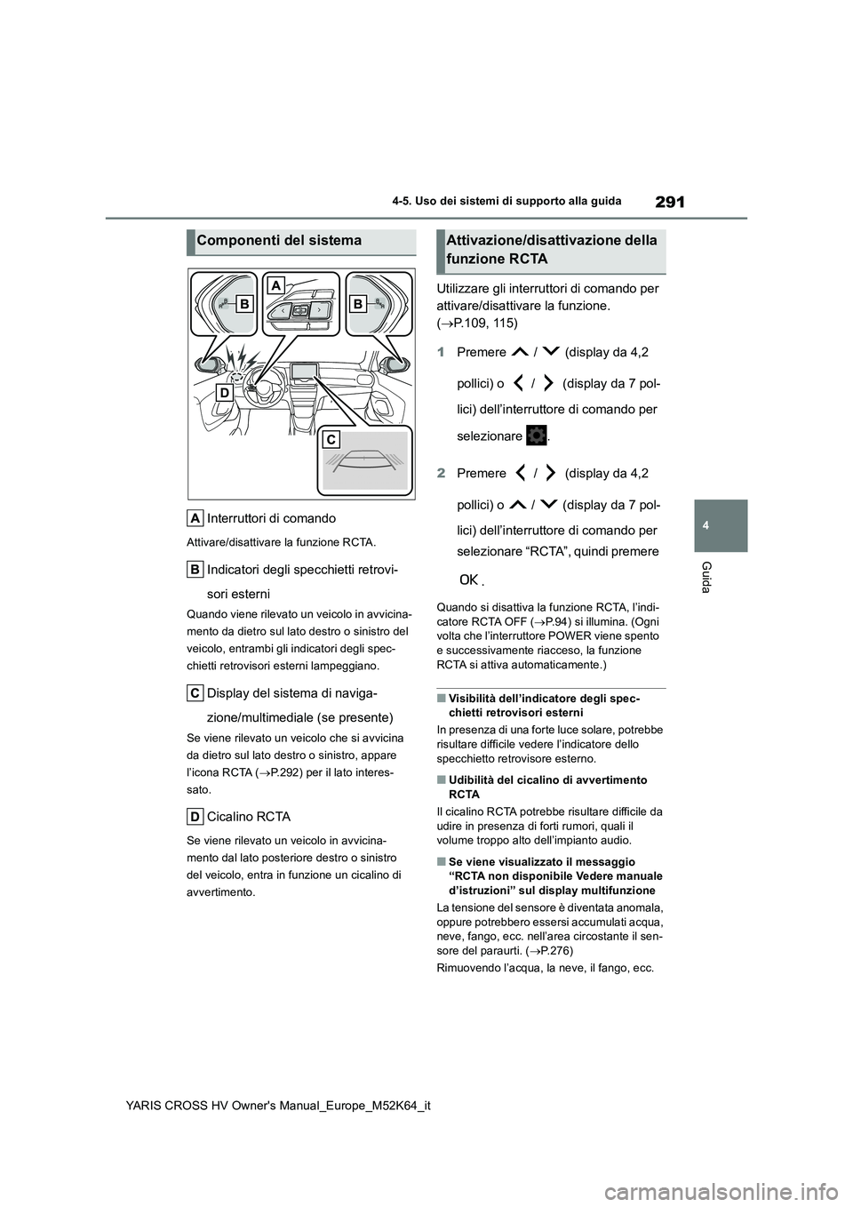 TOYOTA YARIS CROSS 2021  Manuale duso (in Italian) 291
4
YARIS CROSS HV Owner's Manual_Europe_M52K64_it
4-5. Uso dei sistemi di supporto alla guida
Guida
Interruttori di comando
Attivare/disattivare la funzione RCTA.
Indicatori degli specchietti r