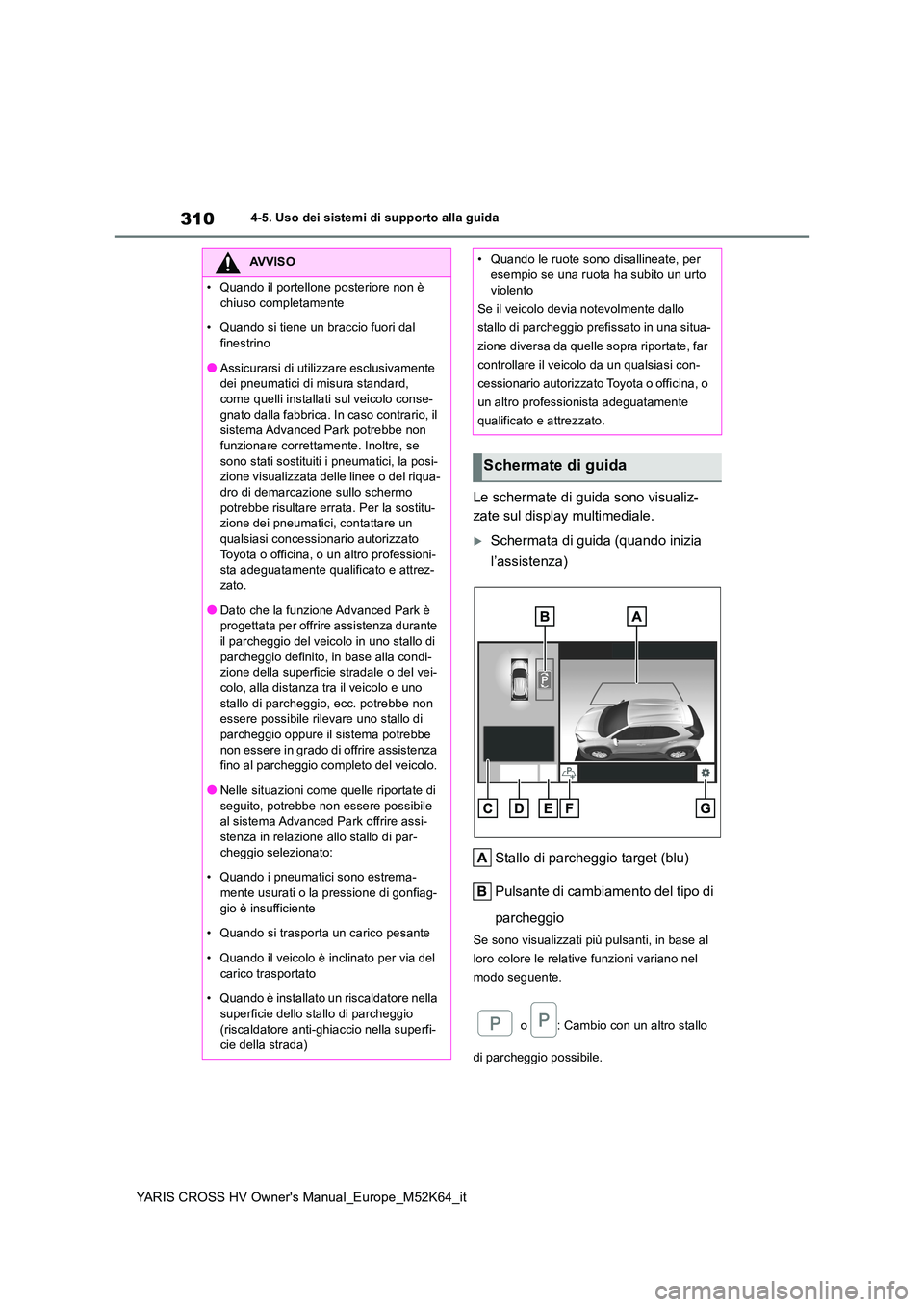 TOYOTA YARIS CROSS 2021 Manuale duso (in Italian) 310
YARIS CROSS HV Owner's Manual_Europe_M52K64_it
4-5. Uso dei sistemi di supporto alla guida
Le schermate di guida sono visualiz-
zate sul display multimediale.
Schermata di guida (quando in TOYOTA YARIS CROSS 2021 Manuale duso (in Italian) 310
YARIS CROSS HV Owner's Manual_Europe_M52K64_it
4-5. Uso dei sistemi di supporto alla guida
Le schermate di guida sono visualiz-
zate sul display multimediale.
Schermata di guida (quando in