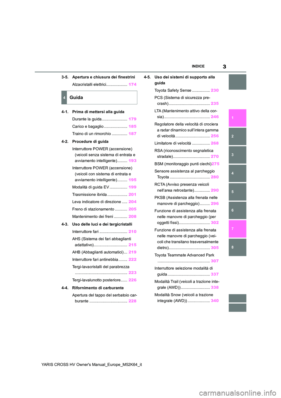 TOYOTA YARIS CROSS 2021  Manuale duso (in Italian) 3
YARIS CROSS HV Owner's Manual_Europe_M52K64_it
INDICE
1 
6 
5
4
3
2
8
7
3-5. Apertura e chiusura dei finestrini 
Alzacristalli elettrici................... 174 
4-1. Prima di mettersi alla guida