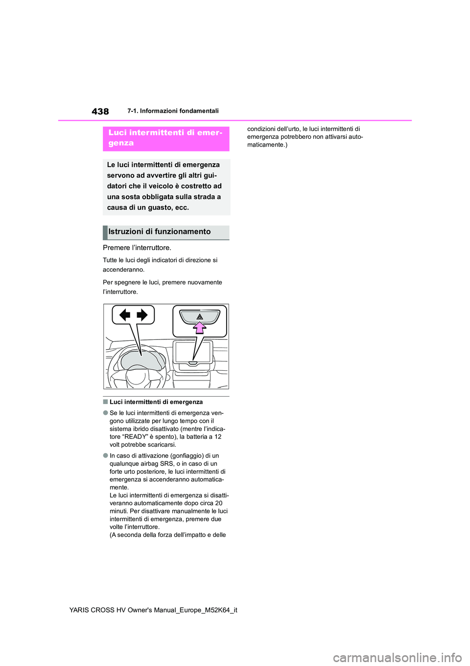 TOYOTA YARIS CROSS 2021 Manuale duso (in Italian) 438
YARIS CROSS HV Owner's Manual_Europe_M52K64_it
7-1. Informazioni fondamentali
7-1.In formazioni fond amentali
Premere l’interruttore.
Tutte le luci degli indicatori di direzione si
accende TOYOTA YARIS CROSS 2021 Manuale duso (in Italian) 438
YARIS CROSS HV Owner's Manual_Europe_M52K64_it
7-1. Informazioni fondamentali
7-1.In formazioni fond amentali
Premere l’interruttore.
Tutte le luci degli indicatori di direzione si
accende
