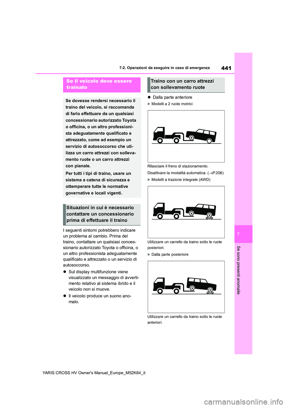 TOYOTA YARIS CROSS 2021 Manuale duso (in Italian) 441
7
YARIS CROSS HV Owner's Manual_Europe_M52K64_it
7-2. Operazioni da eseguire in caso di emergenza
Se sono presenti anomalie
7-2.Operazioni da eseg uire in ca so di eme rgen za
I seguenti sint TOYOTA YARIS CROSS 2021 Manuale duso (in Italian) 441
7
YARIS CROSS HV Owner's Manual_Europe_M52K64_it
7-2. Operazioni da eseguire in caso di emergenza
Se sono presenti anomalie
7-2.Operazioni da eseg uire in ca so di eme rgen za
I seguenti sint