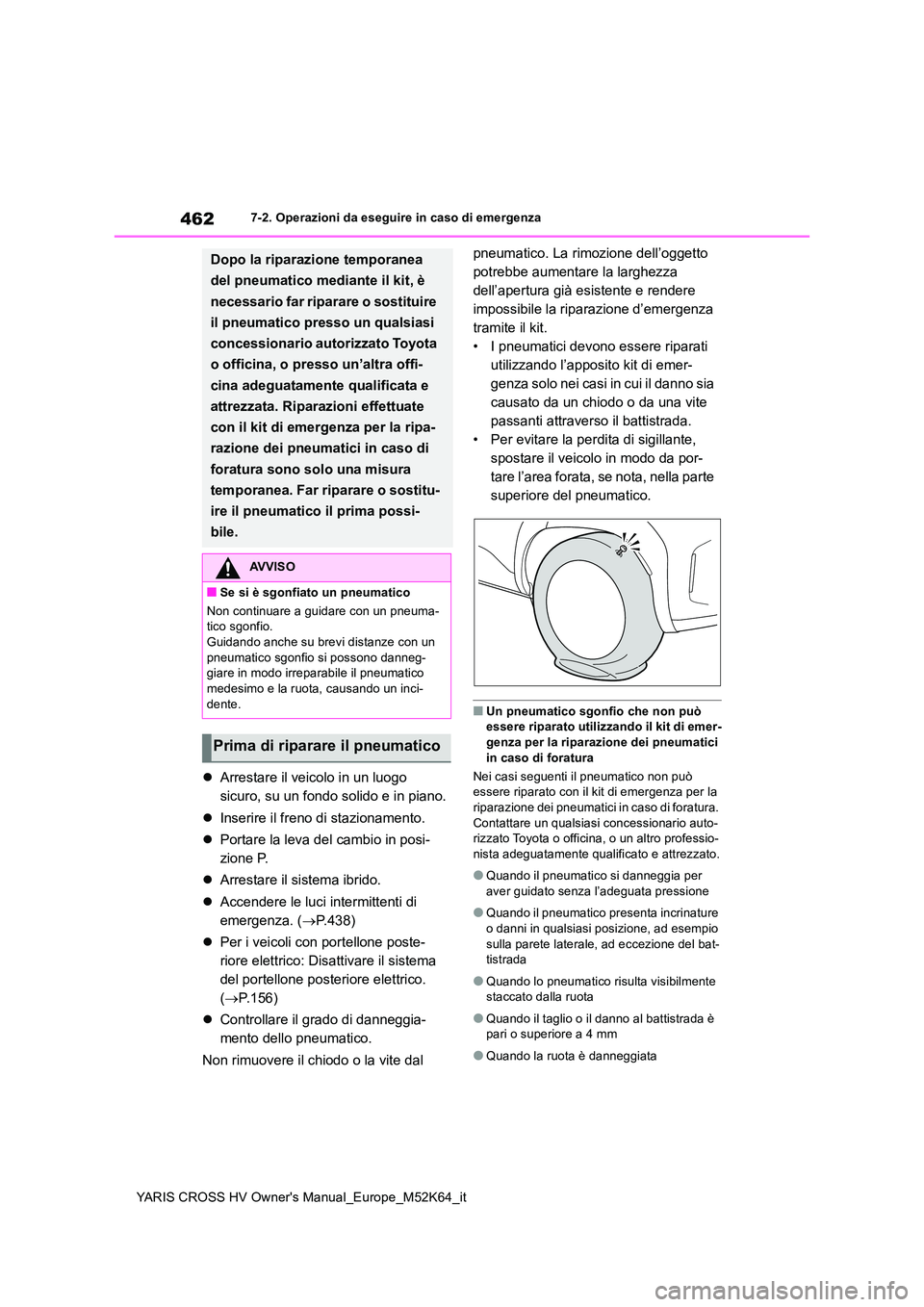 TOYOTA YARIS CROSS 2021 Manuale duso (in Italian) 462
YARIS CROSS HV Owner's Manual_Europe_M52K64_it
7-2. Operazioni da eseguire in caso di emergenza
Arrestare il veicolo in un luogo
sicuro, su un fondo solido e in piano.
Inserire il fr TOYOTA YARIS CROSS 2021 Manuale duso (in Italian) 462
YARIS CROSS HV Owner's Manual_Europe_M52K64_it
7-2. Operazioni da eseguire in caso di emergenza
Arrestare il veicolo in un luogo
sicuro, su un fondo solido e in piano.
Inserire il fr