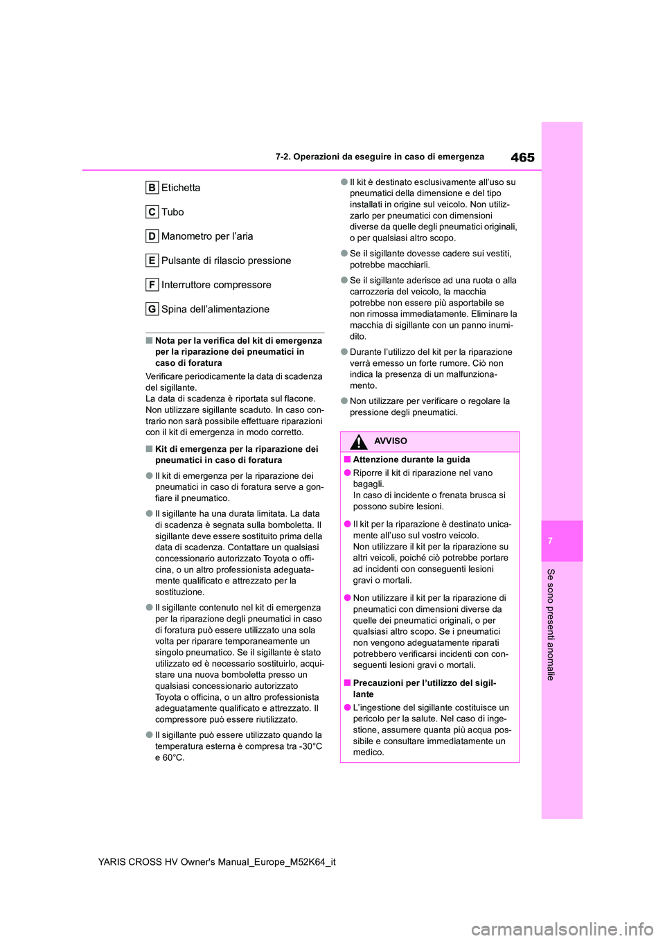 TOYOTA YARIS CROSS 2021 Manuale duso (in Italian) 465
7
YARIS CROSS HV Owner's Manual_Europe_M52K64_it
7-2. Operazioni da eseguire in caso di emergenza
Se sono presenti anomalie
Etichetta
Tubo
Manometro per l’aria
Pulsante di rilascio pression TOYOTA YARIS CROSS 2021 Manuale duso (in Italian) 465
7
YARIS CROSS HV Owner's Manual_Europe_M52K64_it
7-2. Operazioni da eseguire in caso di emergenza
Se sono presenti anomalie
Etichetta
Tubo
Manometro per l’aria
Pulsante di rilascio pression