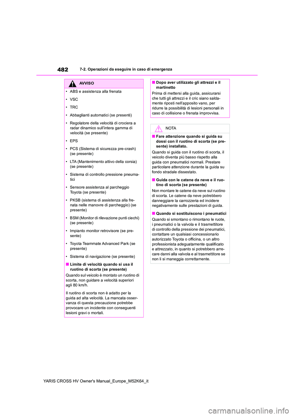 TOYOTA YARIS CROSS 2021 Manuale duso (in Italian) 482
YARIS CROSS HV Owner's Manual_Europe_M52K64_it
7-2. Operazioni da eseguire in caso di emergenza
AVVISO
• ABS e assistenza alla frenata
• VSC
•TRC
• Abbaglianti automatici (se present TOYOTA YARIS CROSS 2021 Manuale duso (in Italian) 482
YARIS CROSS HV Owner's Manual_Europe_M52K64_it
7-2. Operazioni da eseguire in caso di emergenza
AVVISO
• ABS e assistenza alla frenata
• VSC
•TRC
• Abbaglianti automatici (se present