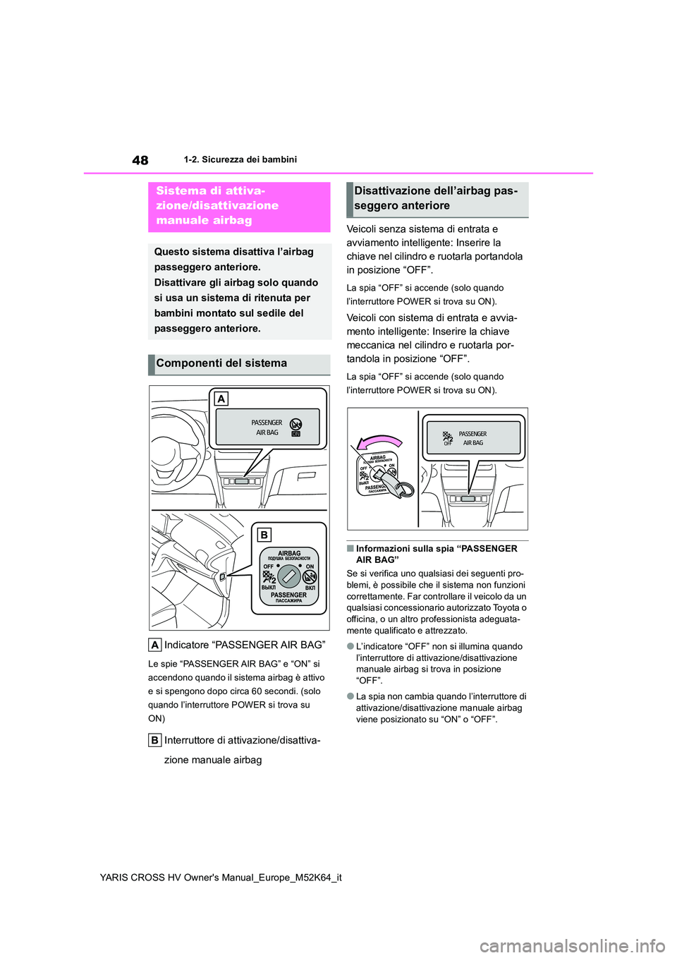 TOYOTA YARIS CROSS 2021  Manuale duso (in Italian) 48
YARIS CROSS HV Owner's Manual_Europe_M52K64_it
1-2. Sicurezza dei bambini
1-2.Sicure zza  de i bambini
Indicatore “PASSENGER AIR BAG”
Le spie “PASSENGER AIR BAG” e “ON” si  
accendo