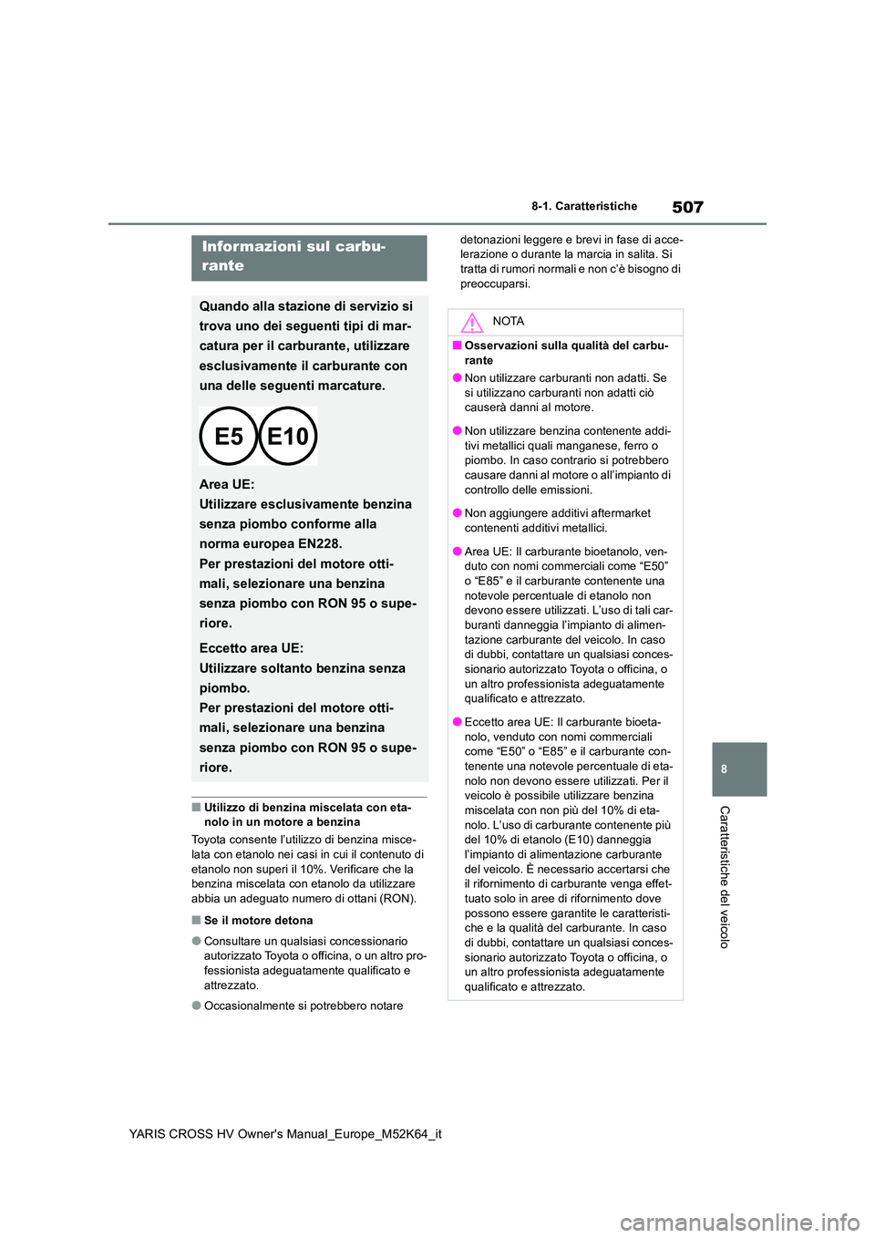 TOYOTA YARIS CROSS 2021 Manuale duso (in Italian) 507
8
YARIS CROSS HV Owner's Manual_Europe_M52K64_it
8-1. Caratteristiche
Caratteristiche del veicolo■Utilizzo di benzina miscelata con eta- nolo in un motore a benzina
Toyota consente l’util TOYOTA YARIS CROSS 2021 Manuale duso (in Italian) 507
8
YARIS CROSS HV Owner's Manual_Europe_M52K64_it
8-1. Caratteristiche
Caratteristiche del veicolo■Utilizzo di benzina miscelata con eta- nolo in un motore a benzina
Toyota consente l’util