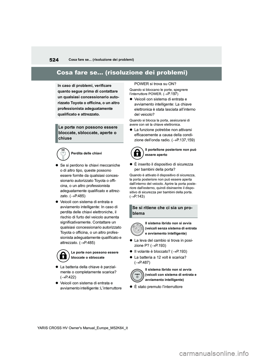 TOYOTA YARIS CROSS 2021  Manuale duso (in Italian) 524
YARIS CROSS HV Owner's Manual_Europe_M52K64_it
Cosa fare se... (risoluzione dei problemi)
1-1.Cosa fare se... (risoluzione dei problemi)Cosa fare se... (risoluzione dei problemi)
Se si perd