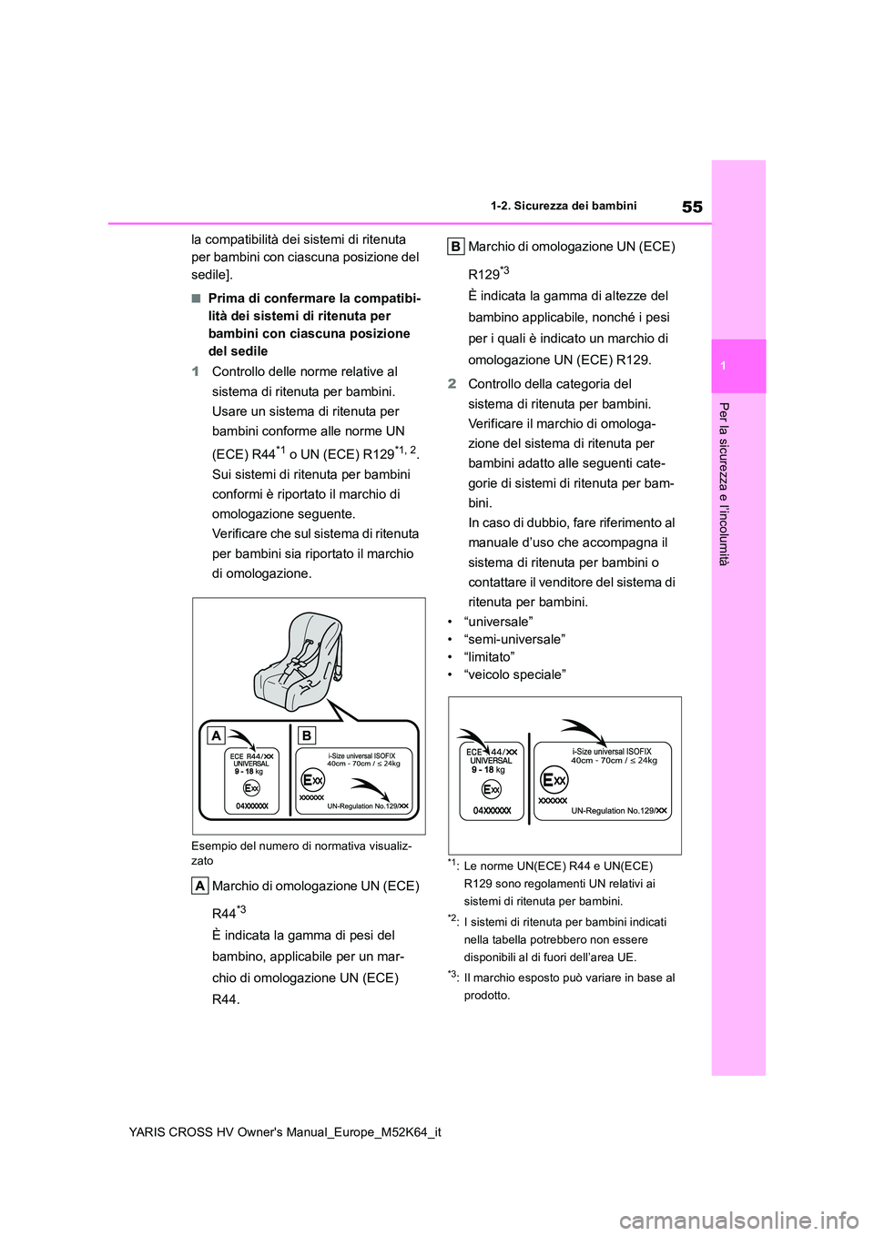 TOYOTA YARIS CROSS 2021 Manuale duso (in Italian) 55
1
YARIS CROSS HV Owner's Manual_Europe_M52K64_it
1-2. Sicurezza dei bambini
Per la sicurezza e l’incolumità
la compatibilità dei sistemi di ritenuta
per bambini con ciascuna posizione del TOYOTA YARIS CROSS 2021 Manuale duso (in Italian) 55
1
YARIS CROSS HV Owner's Manual_Europe_M52K64_it
1-2. Sicurezza dei bambini
Per la sicurezza e l’incolumità
la compatibilità dei sistemi di ritenuta
per bambini con ciascuna posizione del