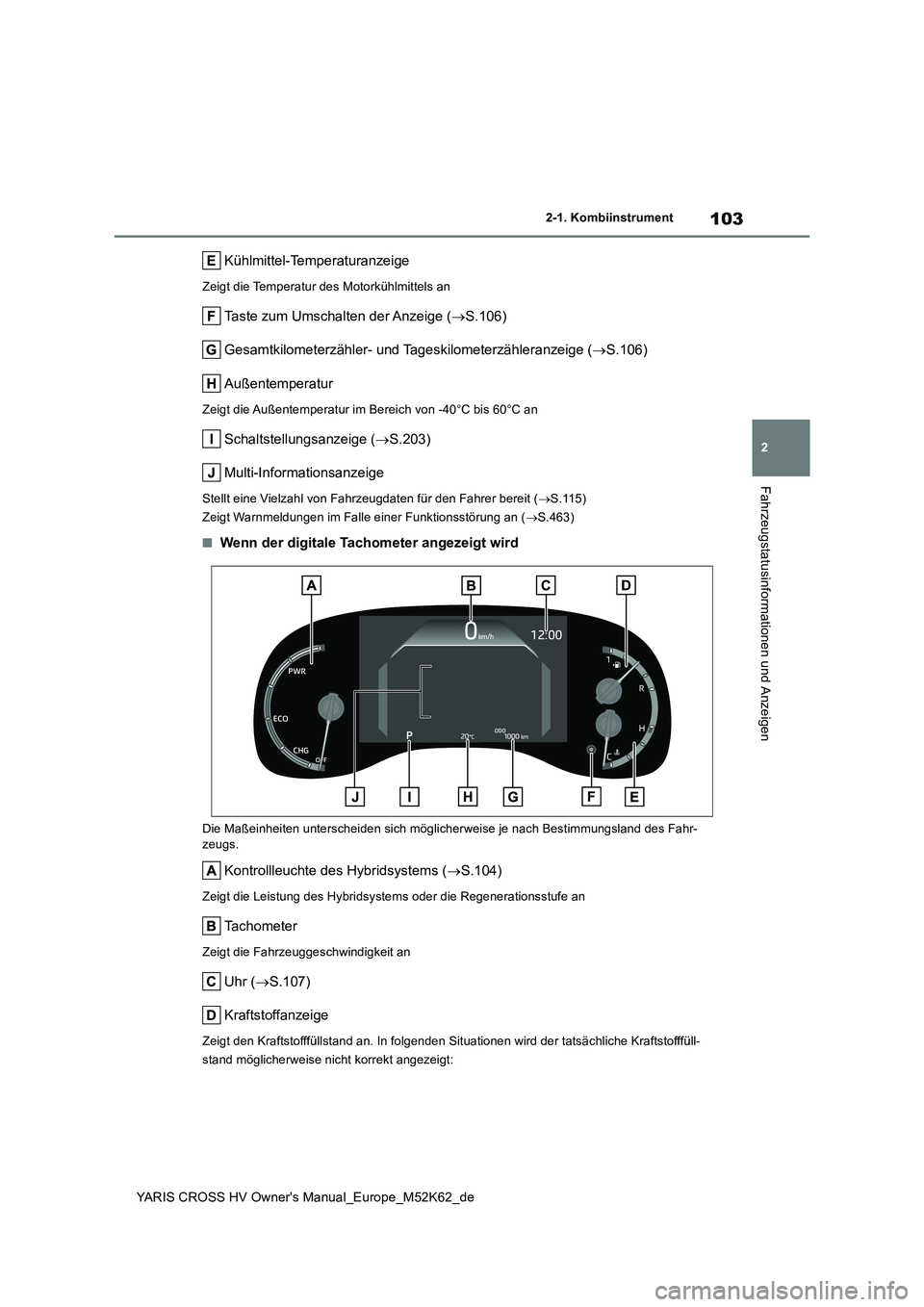 TOYOTA YARIS CROSS 2021 Betriebsanleitungen (in German) 103
2
YARIS CROSS HV Owner's Manual_Europe_M52K62_de
2-1. Kombiinstrument
Fahrzeugstatusinformationen und Anzeigen
Kühlmittel-Temperaturanzeige
Zeigt die Temperatur des Motorkühlmittels an
Taste TOYOTA YARIS CROSS 2021 Betriebsanleitungen (in German) 103
2
YARIS CROSS HV Owner's Manual_Europe_M52K62_de
2-1. Kombiinstrument
Fahrzeugstatusinformationen und Anzeigen
Kühlmittel-Temperaturanzeige
Zeigt die Temperatur des Motorkühlmittels an
Taste