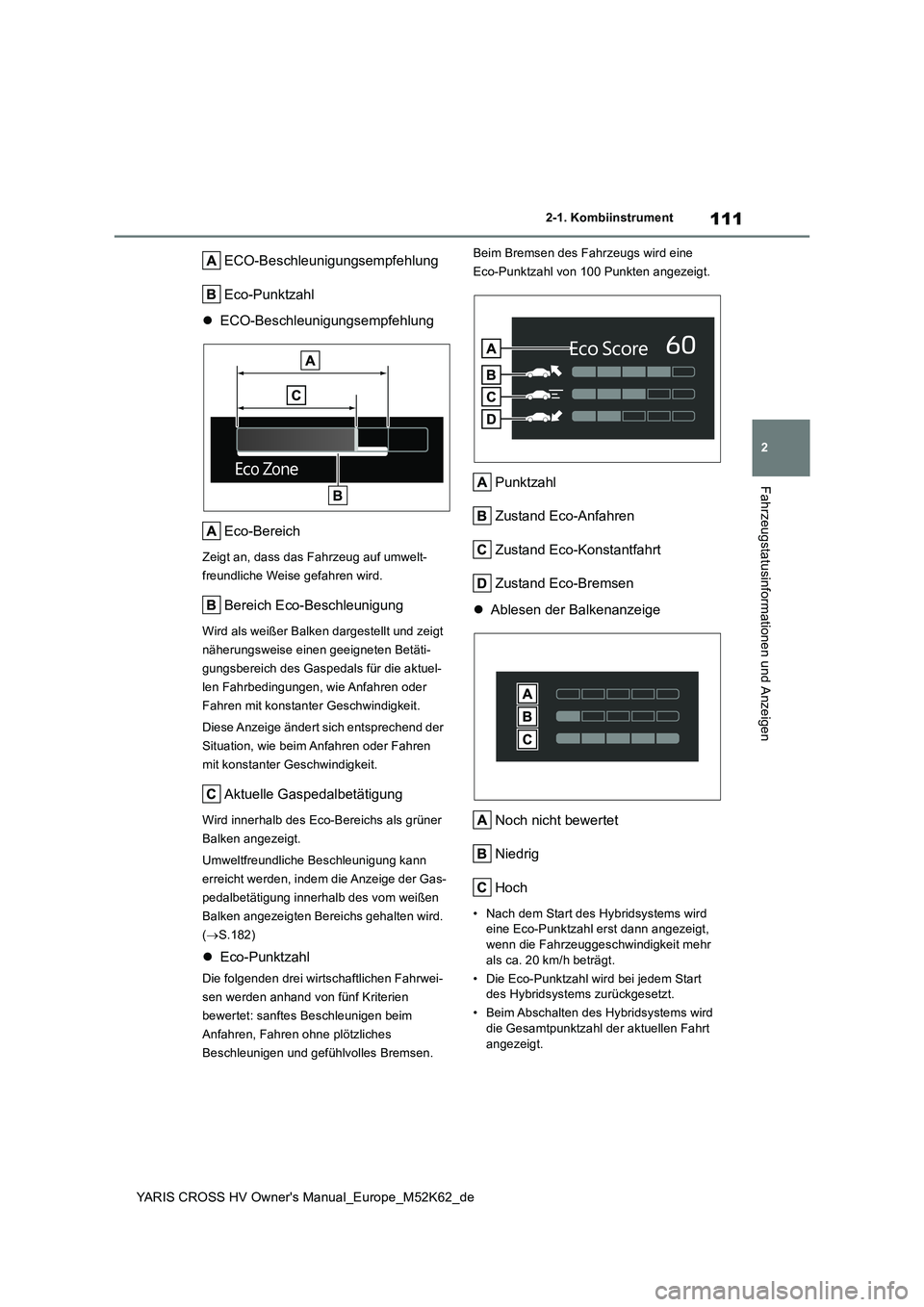 TOYOTA YARIS CROSS 2021  Betriebsanleitungen (in German) 111
2
YARIS CROSS HV Owner's Manual_Europe_M52K62_de
2-1. Kombiinstrument
Fahrzeugstatusinformationen und Anzeigen
ECO-Beschleunigungsempfehlung 
Eco-Punktzahl 
 ECO-Beschleunigungsempfehlung 
