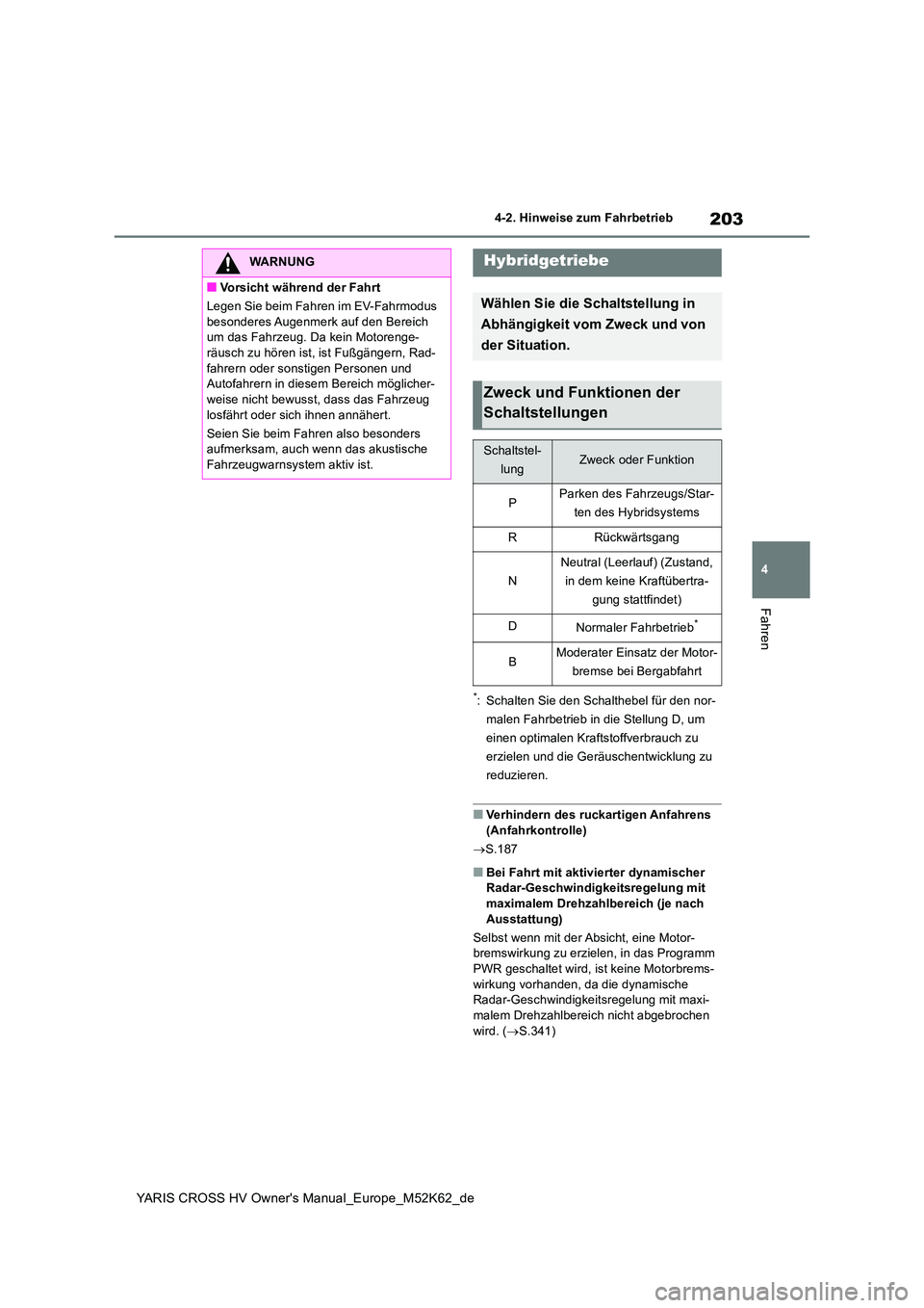TOYOTA YARIS CROSS 2021  Betriebsanleitungen (in German) 203
4
YARIS CROSS HV Owner's Manual_Europe_M52K62_de
4-2. Hinweise zum Fahrbetrieb
Fahren
*: Schalten Sie den Schalthebel für den nor- 
malen Fahrbetrieb in die Stellung D, um 
einen optimalen Kr