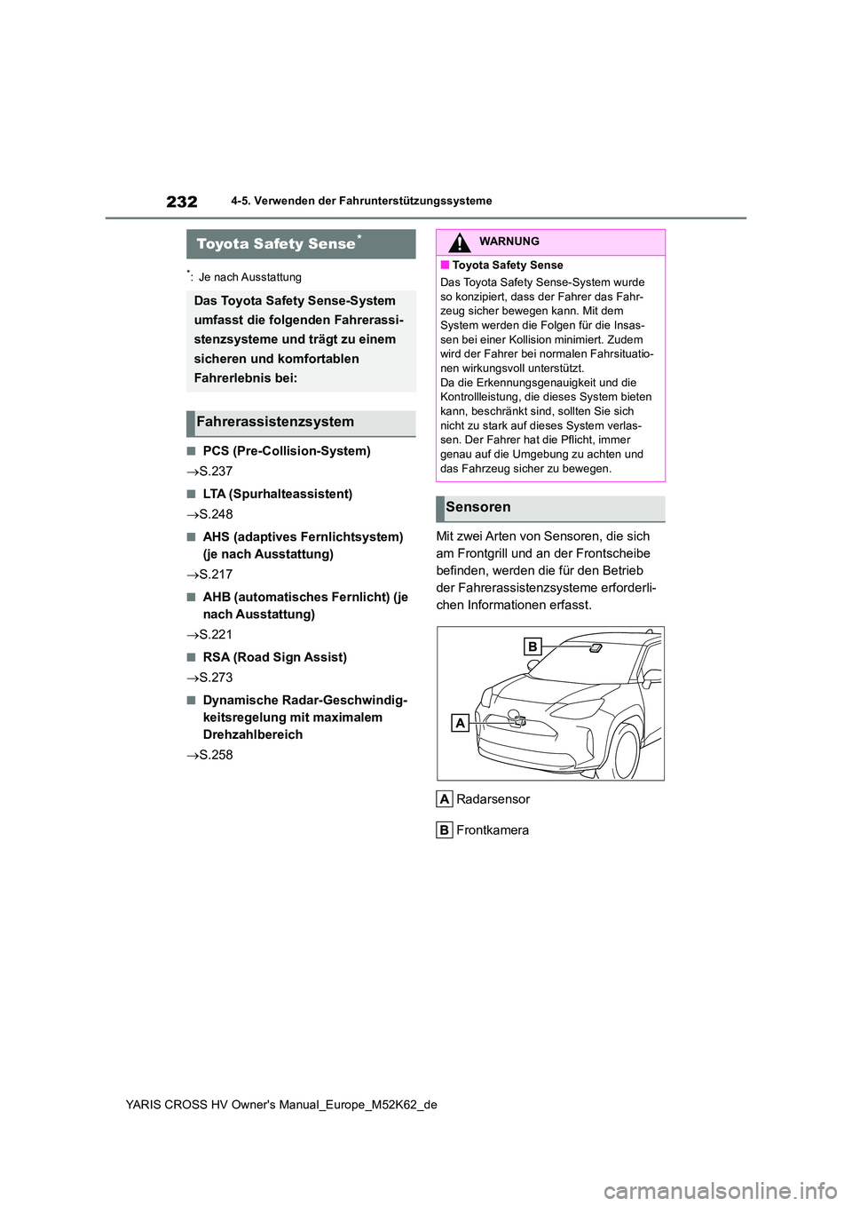 TOYOTA YARIS CROSS 2021  Betriebsanleitungen (in German) 232
YARIS CROSS HV Owner's Manual_Europe_M52K62_de
4-5. Verwenden der Fahrunterstützungssysteme
4-5.Verwende n d er Fah runterstü tzungss ysteme
*: Je nach Ausstattung
■PCS (Pre-Collision-Syst