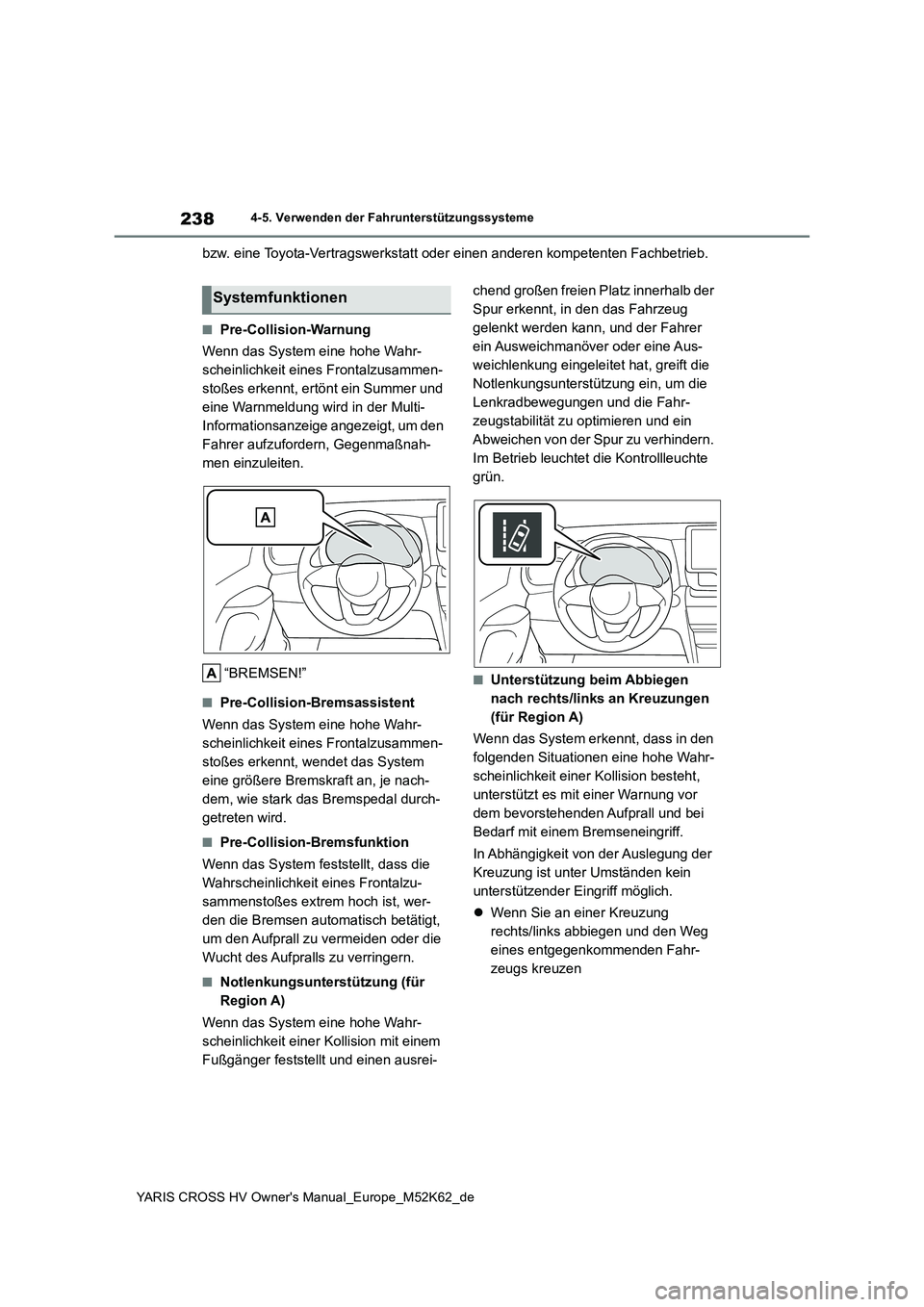 TOYOTA YARIS CROSS 2021  Betriebsanleitungen (in German) 238
YARIS CROSS HV Owner's Manual_Europe_M52K62_de
4-5. Verwenden der Fahrunterstützungssysteme
bzw. eine Toyota-Vertragswerkstatt oder einen anderen kompetenten Fachbetrieb.
■Pre-Collision-War