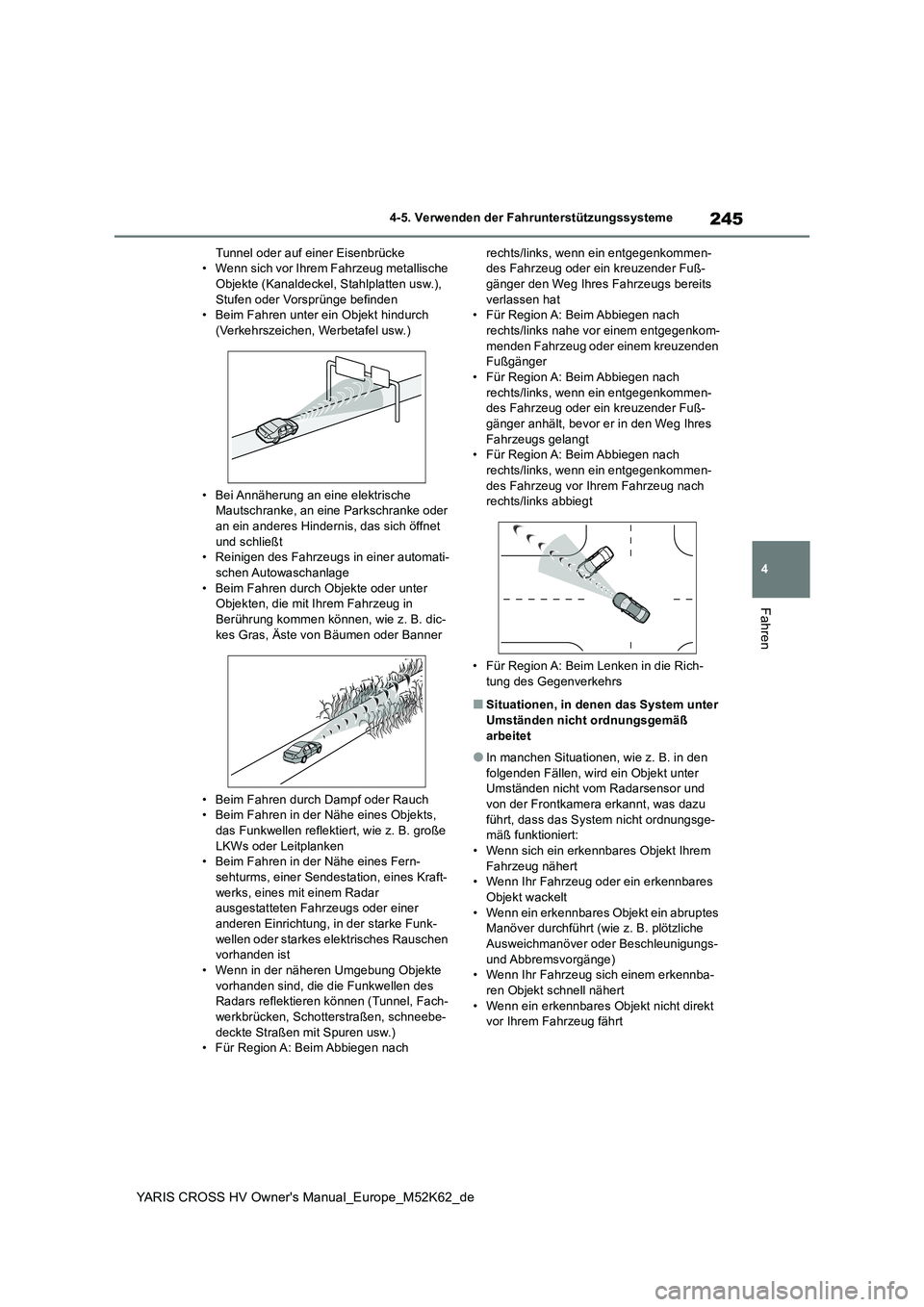 TOYOTA YARIS CROSS 2021  Betriebsanleitungen (in German) 245
4
YARIS CROSS HV Owner's Manual_Europe_M52K62_de
4-5. Verwenden der Fahrunterstützungssysteme
Fahren
Tunnel oder auf einer Eisenbrücke • Wenn sich vor Ihrem Fahrzeug metallische Objekte (K