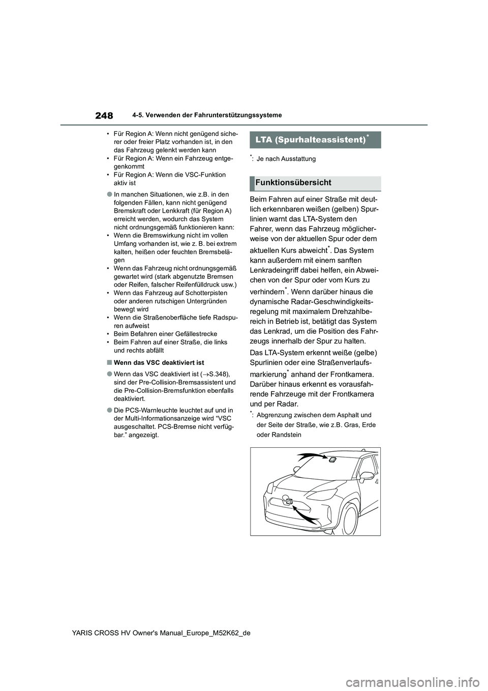 TOYOTA YARIS CROSS 2021  Betriebsanleitungen (in German) 248
YARIS CROSS HV Owner's Manual_Europe_M52K62_de
4-5. Verwenden der Fahrunterstützungssysteme 
• Für Region A: Wenn nicht genügend siche- rer oder freier Platz vorhanden ist, in den das Fah