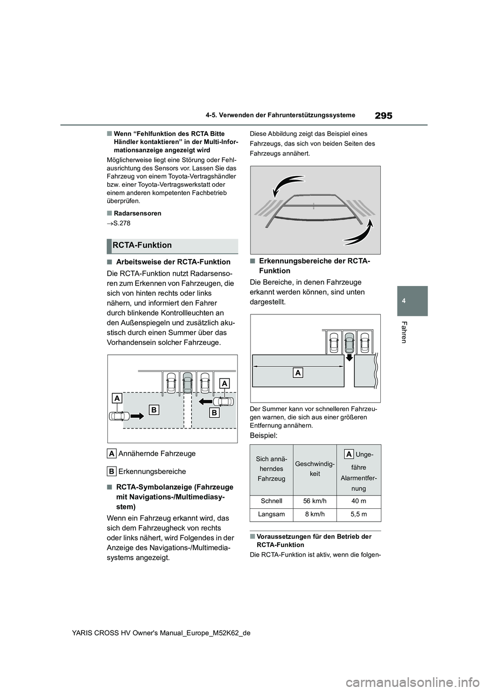 TOYOTA YARIS CROSS 2021  Betriebsanleitungen (in German) 295
4
YARIS CROSS HV Owner's Manual_Europe_M52K62_de
4-5. Verwenden der Fahrunterstützungssysteme
Fahren
■Wenn “Fehlfunktion des RCTA Bitte  Händler kontaktieren” in der Multi-Infor-mation