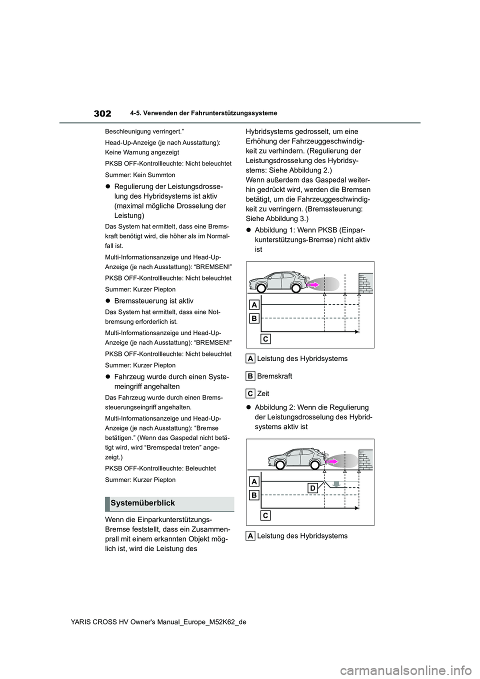 TOYOTA YARIS CROSS 2021 Betriebsanleitungen (in German) 302
YARIS CROSS HV Owner's Manual_Europe_M52K62_de
4-5. Verwenden der Fahrunterstützungssysteme
Beschleunigung verringert.”
Head-Up-Anzeige (je nach Ausstattung):
Keine Warnung angezeigt
P TOYOTA YARIS CROSS 2021 Betriebsanleitungen (in German) 302
YARIS CROSS HV Owner's Manual_Europe_M52K62_de
4-5. Verwenden der Fahrunterstützungssysteme
Beschleunigung verringert.”
Head-Up-Anzeige (je nach Ausstattung):
Keine Warnung angezeigt
P
