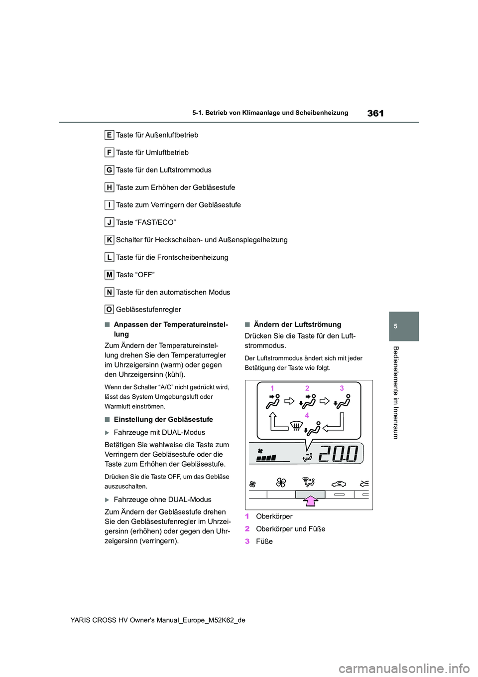 TOYOTA YARIS CROSS 2021 Betriebsanleitungen (in German) 361
5
YARIS CROSS HV Owner's Manual_Europe_M52K62_de
5-1. Betrieb von Klimaanlage und Scheibenheizung
Bedienelemente im Innenraum
Taste für Außenluftbetrieb
Taste für Umluftbetrieb
Taste für TOYOTA YARIS CROSS 2021 Betriebsanleitungen (in German) 361
5
YARIS CROSS HV Owner's Manual_Europe_M52K62_de
5-1. Betrieb von Klimaanlage und Scheibenheizung
Bedienelemente im Innenraum
Taste für Außenluftbetrieb
Taste für Umluftbetrieb
Taste für
