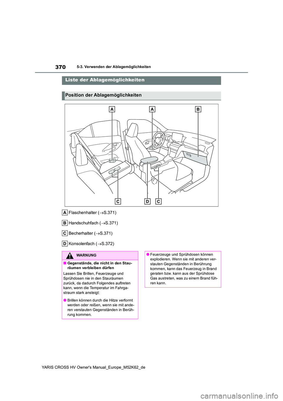 TOYOTA YARIS CROSS 2021 Betriebsanleitungen (in German) 370
YARIS CROSS HV Owner's Manual_Europe_M52K62_de
5-3. Verwenden der Ablagemöglichkeiten
5-3.Verwende n d er Ab lag emöglic hkeite n
Flaschenhalter (S.371)
Handschuhfach ( S.371)
Becher TOYOTA YARIS CROSS 2021 Betriebsanleitungen (in German) 370
YARIS CROSS HV Owner's Manual_Europe_M52K62_de
5-3. Verwenden der Ablagemöglichkeiten
5-3.Verwende n d er Ab lag emöglic hkeite n
Flaschenhalter (S.371)
Handschuhfach ( S.371)
Becher