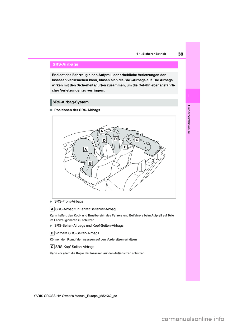 TOYOTA YARIS CROSS 2021  Betriebsanleitungen (in German) 39
1
YARIS CROSS HV Owner's Manual_Europe_M52K62_de
1-1. Sicherer Betrieb
Sicherheitshinweise
■Positionen der SRS-Airbags
SRS-Front-Airbags 
SRS-Airbag für Fahrer/Beifahrer-Airbag
Kann helfe