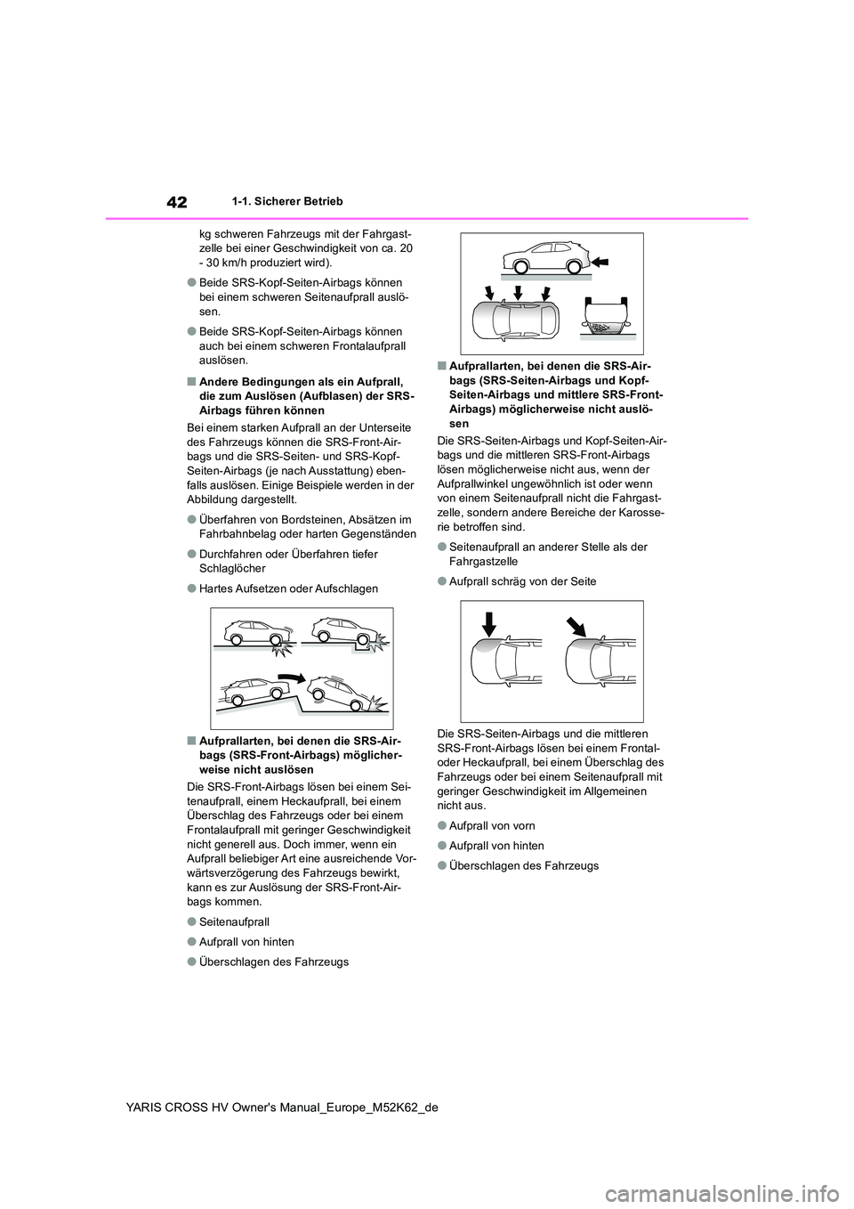 TOYOTA YARIS CROSS 2021  Betriebsanleitungen (in German) 42
YARIS CROSS HV Owner's Manual_Europe_M52K62_de
1-1. Sicherer Betrieb 
kg schweren Fahrzeugs mit der Fahrgast- zelle bei einer Geschwindigkeit von ca. 20 - 30 km/h produziert wird).
●Beide SRS
