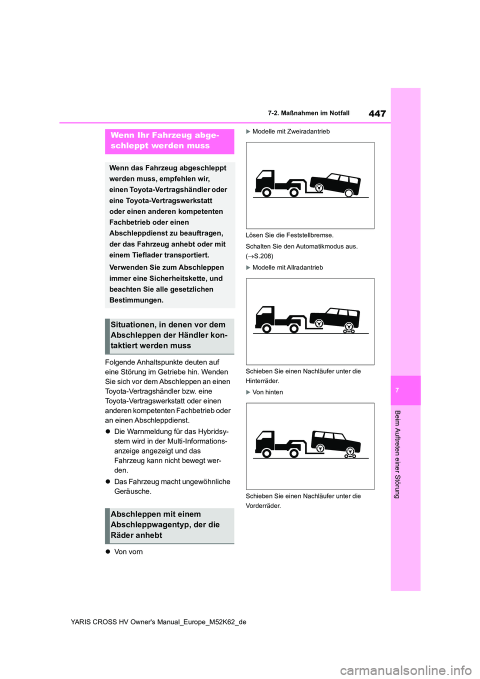 TOYOTA YARIS CROSS 2021  Betriebsanleitungen (in German) 447
7
YARIS CROSS HV Owner's Manual_Europe_M52K62_de
7-2. Maßnahmen im Notfall
Beim Auftreten einer Störung
7-2.Maßna hmen im Notfall
Folgende Anhaltspunkte deuten auf  
eine Störung im Getrie