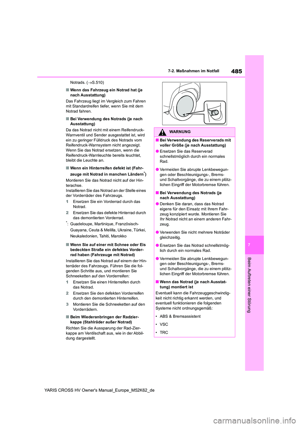 TOYOTA YARIS CROSS 2021  Betriebsanleitungen (in German) 485
7
YARIS CROSS HV Owner's Manual_Europe_M52K62_de
7-2. Maßnahmen im Notfall
Beim Auftreten einer Störung
Notrads. (S.510)
■Wenn das Fahrzeug ein Notrad hat (je  nach Ausstattung) 
Das Fa