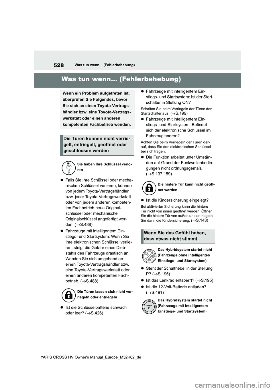 TOYOTA YARIS CROSS 2021  Betriebsanleitungen (in German) 528
YARIS CROSS HV Owner's Manual_Europe_M52K62_de
Was tun wenn... (Fehlerbehebung)
1-1.Was tun wenn... (Fe hle rbe hebun g)Was tun wenn... (Fehlerbehebung)
Falls Sie Ihre Schlüssel oder mecha