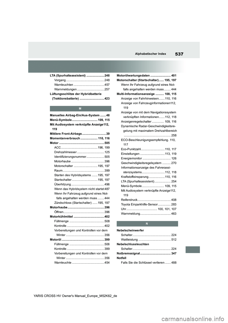 TOYOTA YARIS CROSS 2021  Betriebsanleitungen (in German) 537
YARIS CROSS HV Owner's Manual_Europe_M52K62_de
Alphabetischer Index
LTA (Spurhalteassistent) ..................... 248 
Vorgang ............................................. 248
Warnleuchten .