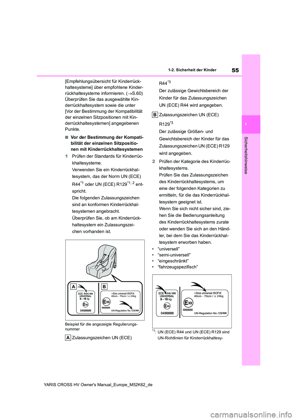 TOYOTA YARIS CROSS 2021  Betriebsanleitungen (in German) 55
1
YARIS CROSS HV Owner's Manual_Europe_M52K62_de
1-2. Sicherheit der Kinder
Sicherheitshinweise
[Empfehlungsübersicht für Kinderrück- 
haltesysteme] über empfohlene Kinder-
rückhaltesystem