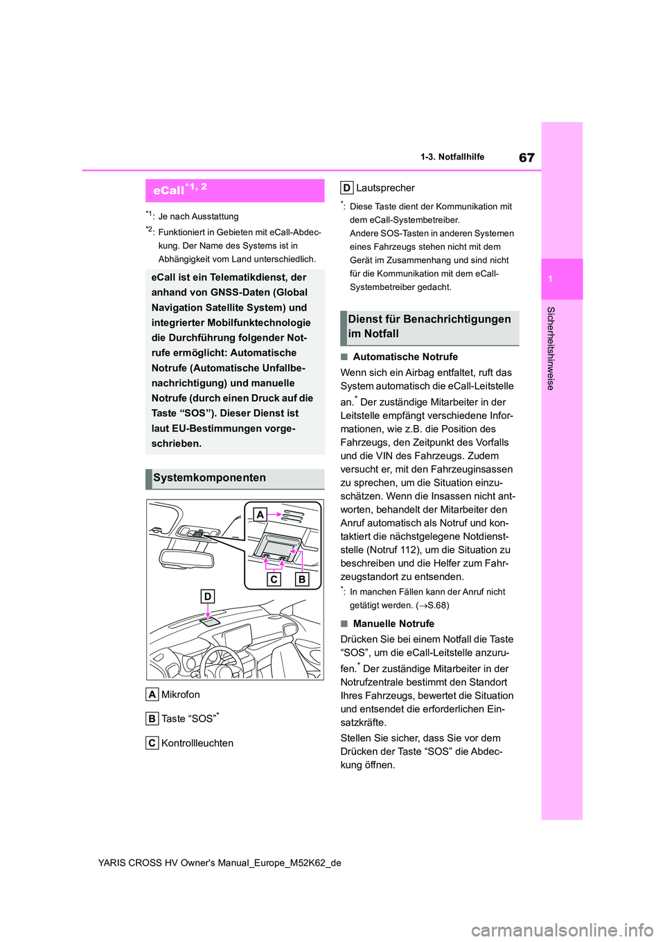 TOYOTA YARIS CROSS 2021 Betriebsanleitungen (in German) 67
1
YARIS CROSS HV Owner's Manual_Europe_M52K62_de
1-3. Notfallhilfe
Sicherheitshinweise
1-3.Notfallhilfe
*1: Je nach Ausstattung
*2: Funktioniert in Gebieten mit eCall-Abdec-
kung. Der Name des TOYOTA YARIS CROSS 2021 Betriebsanleitungen (in German) 67
1
YARIS CROSS HV Owner's Manual_Europe_M52K62_de
1-3. Notfallhilfe
Sicherheitshinweise
1-3.Notfallhilfe
*1: Je nach Ausstattung
*2: Funktioniert in Gebieten mit eCall-Abdec-
kung. Der Name des