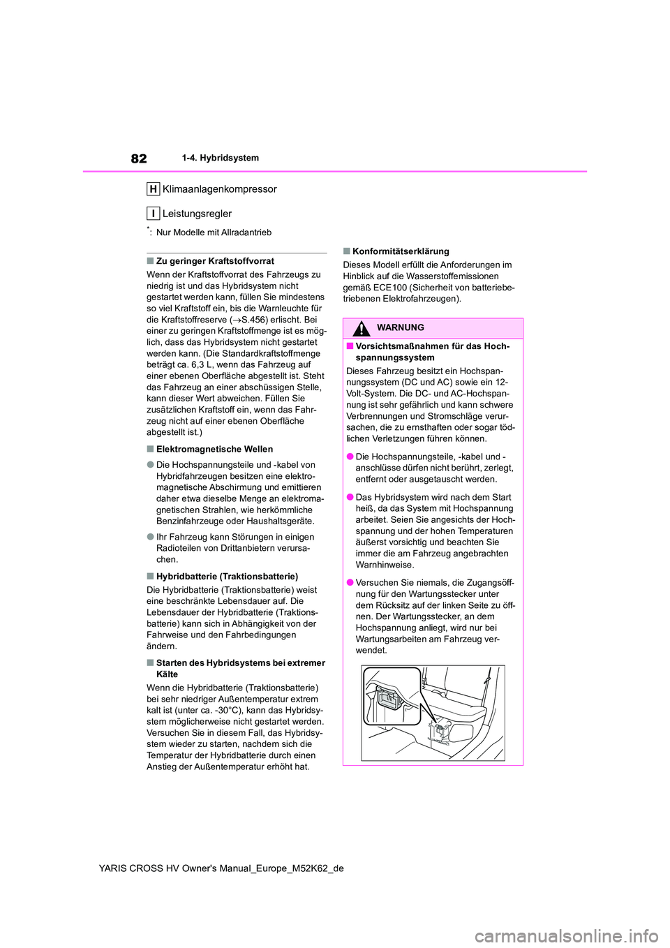 TOYOTA YARIS CROSS 2021 Betriebsanleitungen (in German) 82
YARIS CROSS HV Owner's Manual_Europe_M52K62_de
1-4. Hybridsystem
Klimaanlagenkompressor
Leistungsregler
*: Nur Modelle mit Allradantrieb
■Zu geringer Kraftstoffvorrat
Wenn der Kraftstoffvor TOYOTA YARIS CROSS 2021 Betriebsanleitungen (in German) 82
YARIS CROSS HV Owner's Manual_Europe_M52K62_de
1-4. Hybridsystem
Klimaanlagenkompressor
Leistungsregler
*: Nur Modelle mit Allradantrieb
■Zu geringer Kraftstoffvorrat
Wenn der Kraftstoffvor