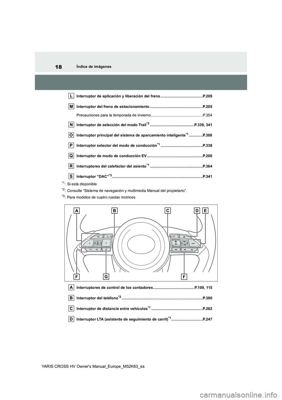 TOYOTA YARIS CROSS 2021 Manuale de Empleo (in Spanish) 18
YARIS CROSS HV Owner's Manual_Europe_M52K63_es
Índice de imágenes
Interruptor de aplicación y liberación del freno ............... .........................P.209
Interruptor del freno de TOYOTA YARIS CROSS 2021 Manuale de Empleo (in Spanish) 18
YARIS CROSS HV Owner's Manual_Europe_M52K63_es
Índice de imágenes
Interruptor de aplicación y liberación del freno ............... .........................P.209
Interruptor del freno de