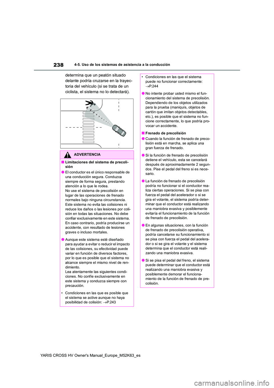 TOYOTA YARIS CROSS 2021 Manuale de Empleo (in Spanish) 238
YARIS CROSS HV Owner's Manual_Europe_M52K63_es
4-5. Uso de los sistemas de asistencia a la conducción
determina que un peatón situado
delante podría cruzarse en la trayec-
toria del vehí TOYOTA YARIS CROSS 2021 Manuale de Empleo (in Spanish) 238
YARIS CROSS HV Owner's Manual_Europe_M52K63_es
4-5. Uso de los sistemas de asistencia a la conducción
determina que un peatón situado
delante podría cruzarse en la trayec-
toria del vehí